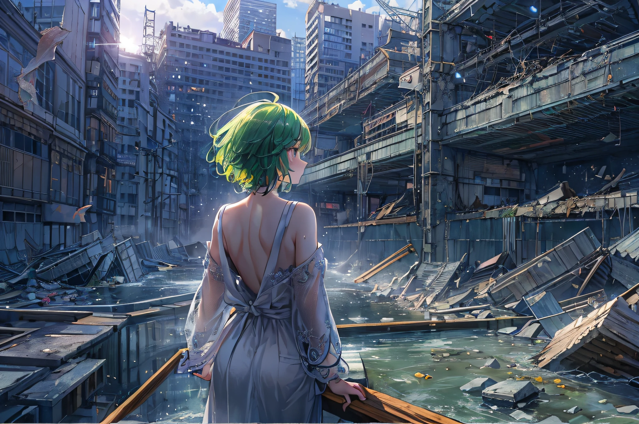 (Best Quality), (Mastepiece), (Photorealistic), (Realistic), Very Detailed, Unity 8K Wallpaper, Highly Detailed CG, Ray Tracking, Sharp Shadows, Great Detail, Depth of Field, Super Detailed Background, (Background Oriented, Reflection), Full Twinkling Stars Sky , Tokyo in ruins, Stardust, lots of water bubbles floating. Quiet Night, Midnight, Standing Water Surface, Cities without people, collapsed megastructures, abandoned skyscraper towers in the middle of construction, non-functional transportation systems,Wide Shot, Perfect Lighting, Panoramic View, Dynamic Shot, (1 girl, short green hair, white slip dress, back, standing):0.1,.