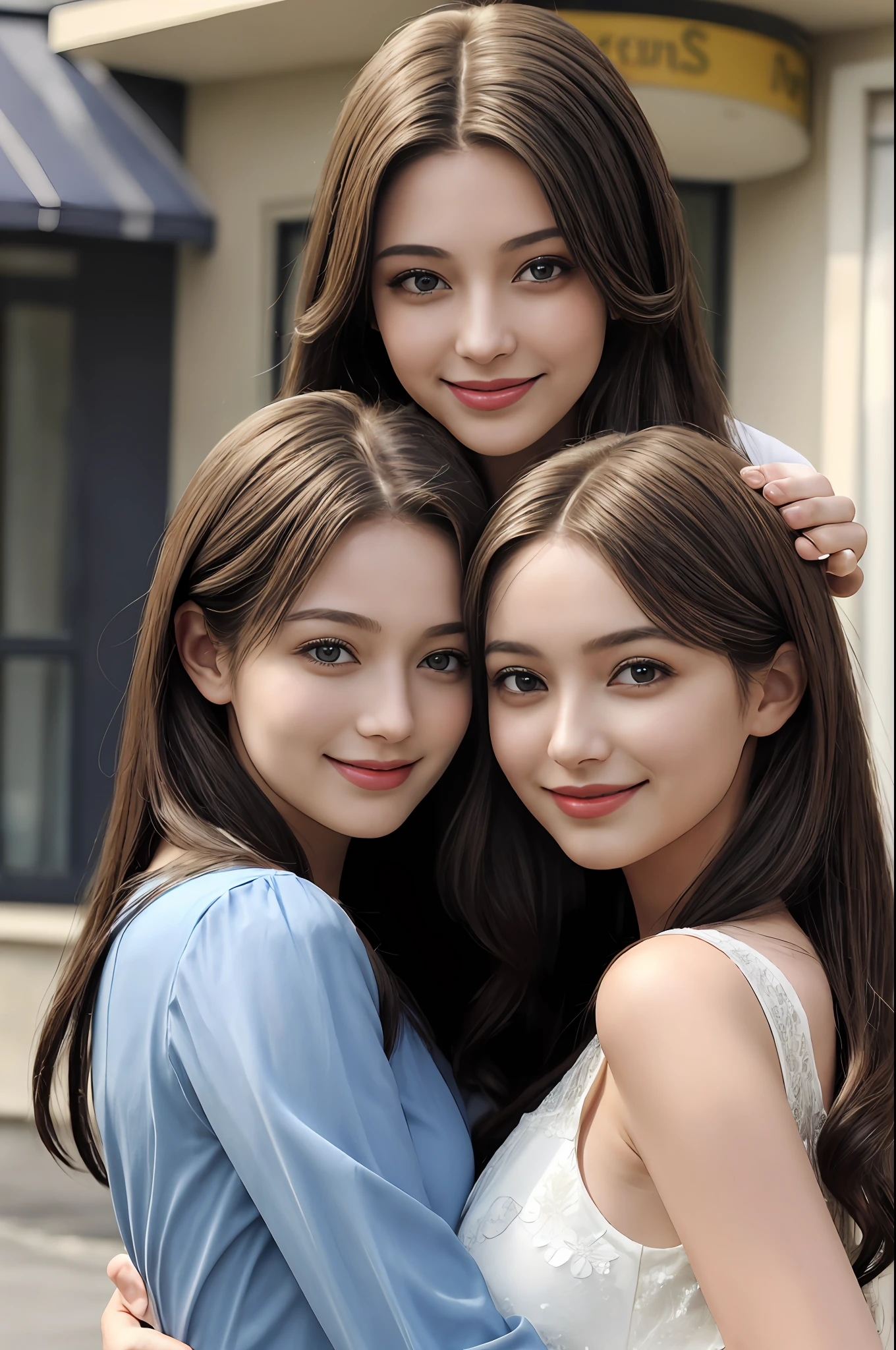 (super model,s the perfect face,hyper realisitc:1.2),Photorealsitic,highly detailed,illustratio,detailed back ground,(multipel Girls),Light smile,cheerfulness,8k,best qualtiy,tmasterpiece,highest quality,(s the perfect face),(high detal),dynamicposes,,oilly skin,paleskin,looking at viewert,Mother and daughter,The two took a group photo,The mother holds her daughter in her arms,The mother is 24 years old,The daughter is 6 years old,Mother is tall,The daughter is short