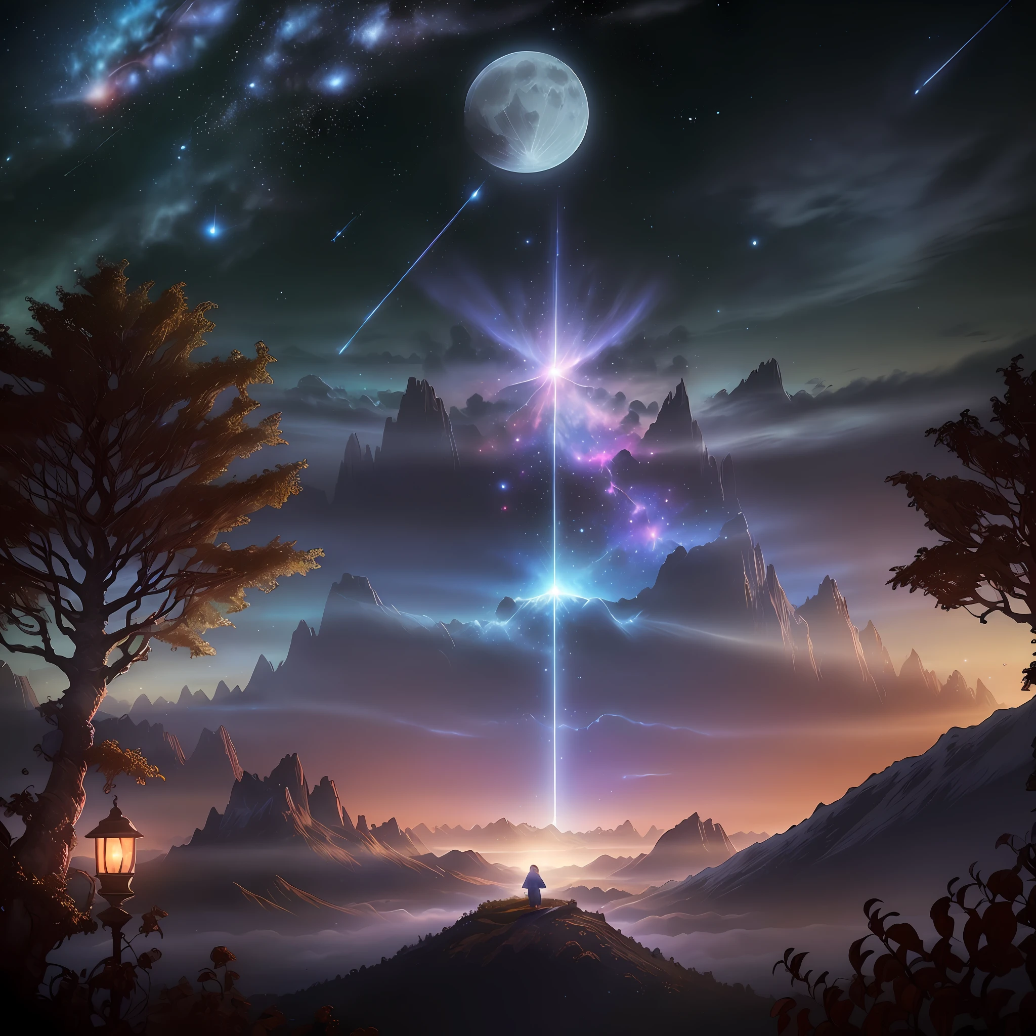 Expansive landscape photograph, (view from below with a view of the sky and wilderness below), little girl standing in a flower field looking up, (full moon: 1.2), (shooting star: 0.9), (nebula: 1.3), distant mountain, tree break production art, (warm light source: 1.2), (firefly: 1.2), lamp, purple and orange, intricate detail, volume lighting, realism break (masterpiece: 1.2) (Best Quality), 4K, Ultra-Detailed, (Dynamic Configuration: 1.4), Highly Detailed and Colorful Details, (Iridescent Colors: 1.2), (Glowing Lighting, Atmospheric Lighting), Dreamy, Magical, (Solo: 1.2)