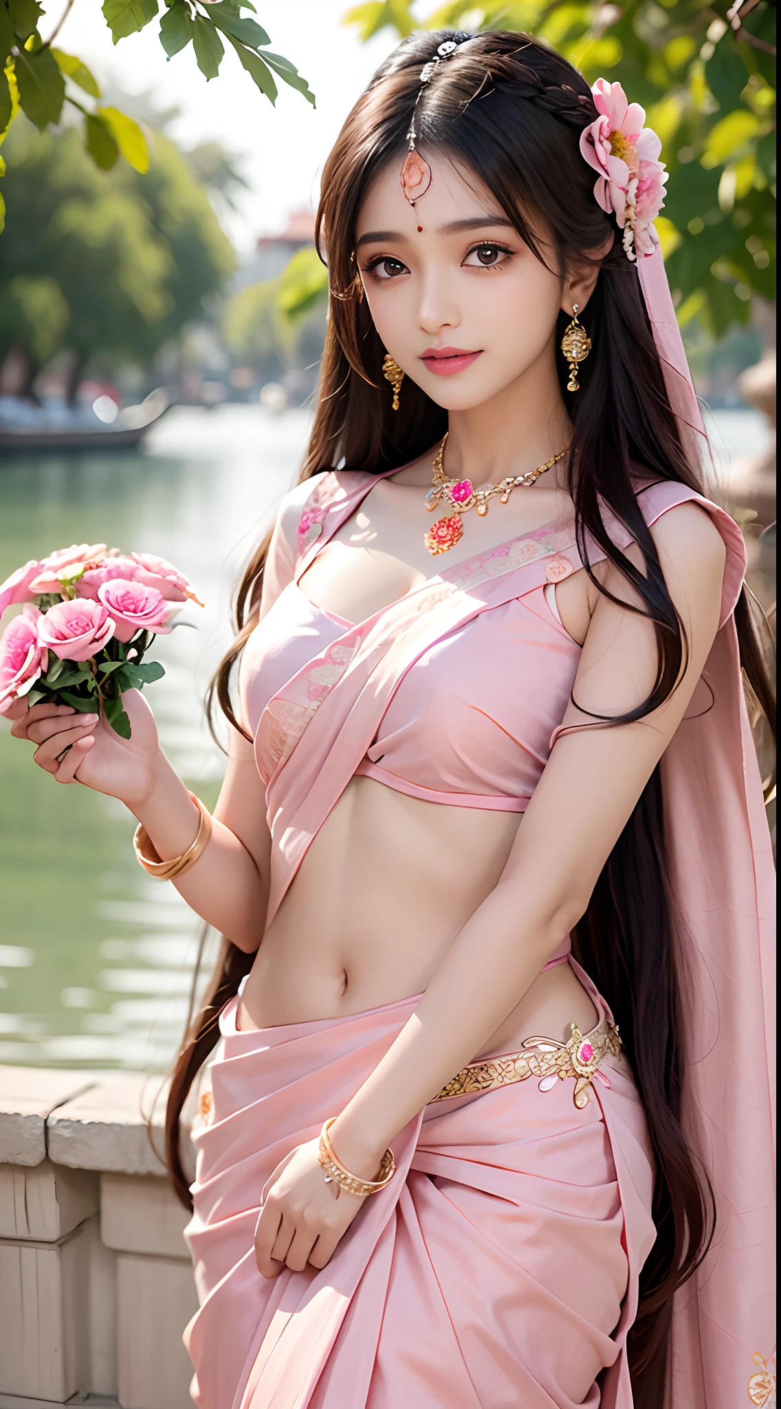 8K, ultra high detailed, an indian girl, cute face, happy, long hair, impressive hairstyle, detailed eyes, detailed lips, indian clothes, saree, pink saree, lace, wearing jewellery, nature background, flowers, afternoon, shadow, clear weather, whole body capture,