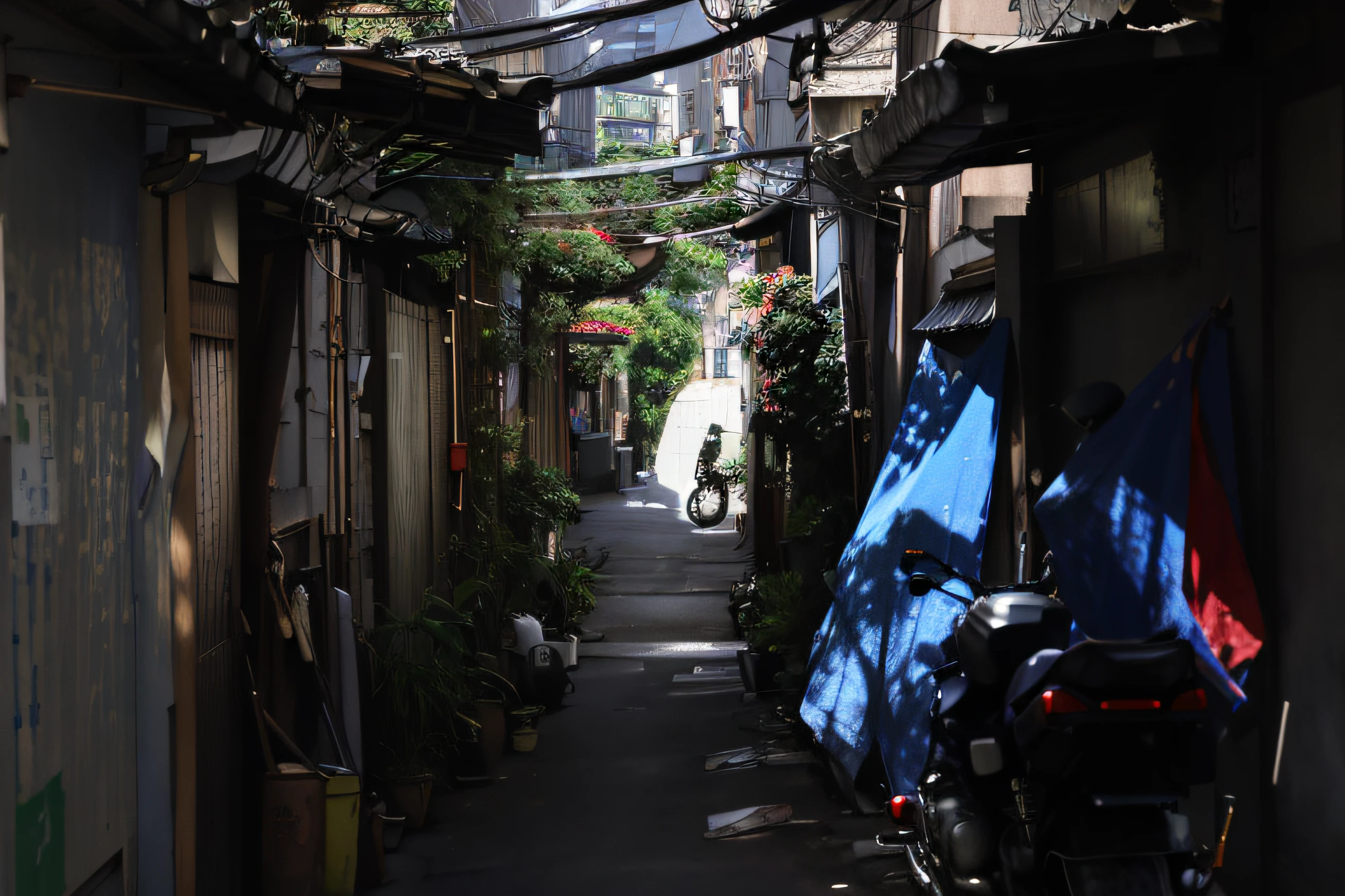 There was a man riding a motorcycle down a narrow alley, tokyo alleyway, in narrow tokyo alleyway, shady alleys, in a narrow chinese alley, alleys, alley, Back alley, narrow and winding cozy streets, alleys, street japan, japanese neighborhood, In an alley, A deserted Shinjuku garbage town, green alleys