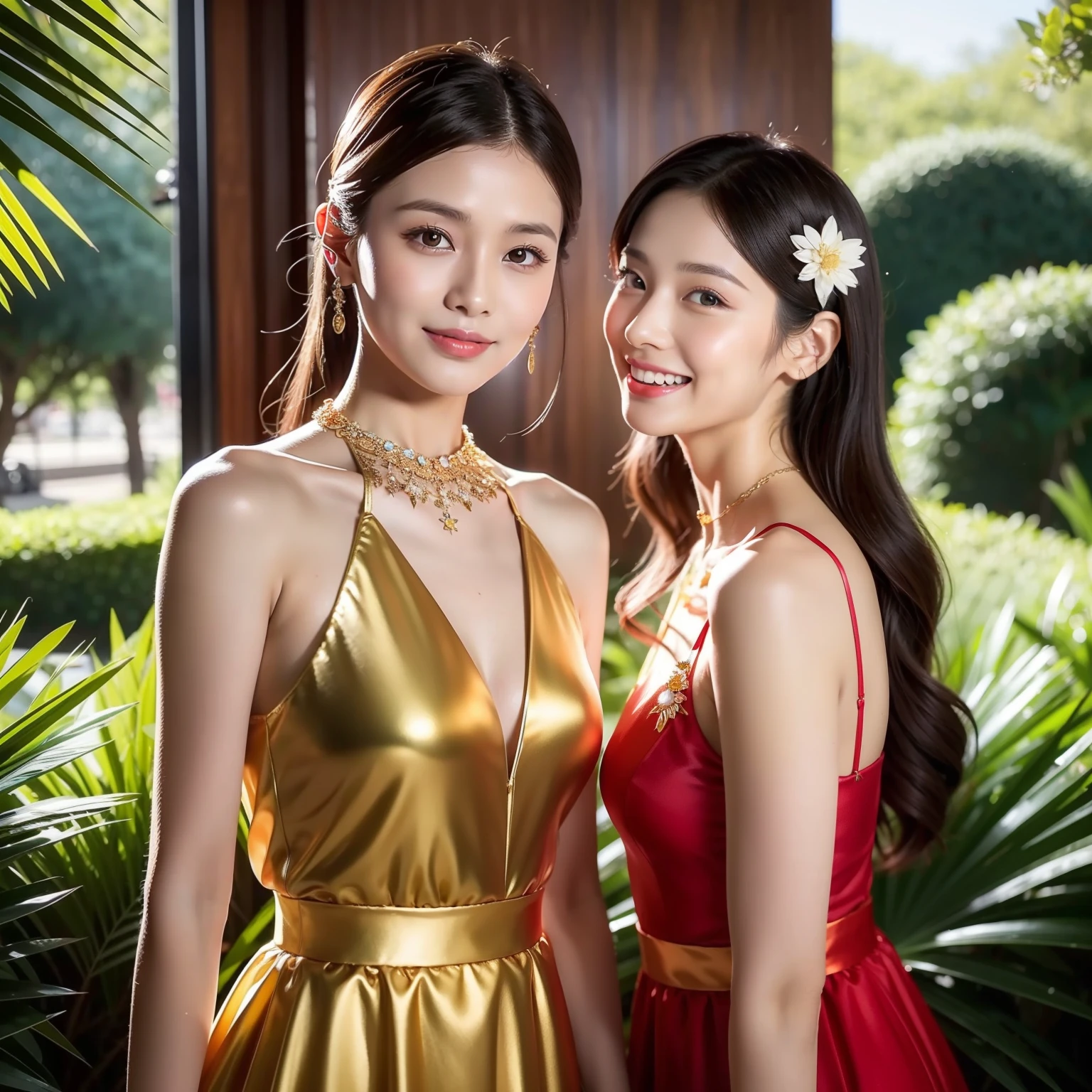 (8K分辨率,fully body photo,Photographs of legs,Wallpapers),(A pair of twin females,20yr old,(The facial features of Thai Aump:1.8,Thin skeletal cheeks,s delicate face),com rosto detalhado,Lovely face,com rosto detalhado,详细的脸,Ultra-fine makeup,Black colored eyes,(Look into the distance),Long dark red hair,(Messy has layers),Redlip,Fair smooth skin,(Best Skin Type:1.21),mediuml breasts,(Thai traditional clothing,(Thai evening dress,Siwalai),Luxurious ladies' tube dresses,A small number of flower hairpins,Luxurious necklaces and bracelets),Tall and tall,The action of flying kisses,perfect hand,Ultra-fine clothing material),(Thai Farm House,tropical trees,Flower wall,Exquisite environmental details),(exhilarated,confident smile,Rejoice),(profesional lighting,动态照明),((The colors are relatively uniform,subtle sensuality,vivaciousness,rays of sunshine(golden colored,red colour,in pink))),(Golden section,Cinema lenses,Dynamic shots,Hasselblad photograp,tmasterpiece:1.3),(adolable,rays of sunshine,vivaciousness,mistic,dream magical,Little woman,trendsetting,Street style,Artis,Art platform)