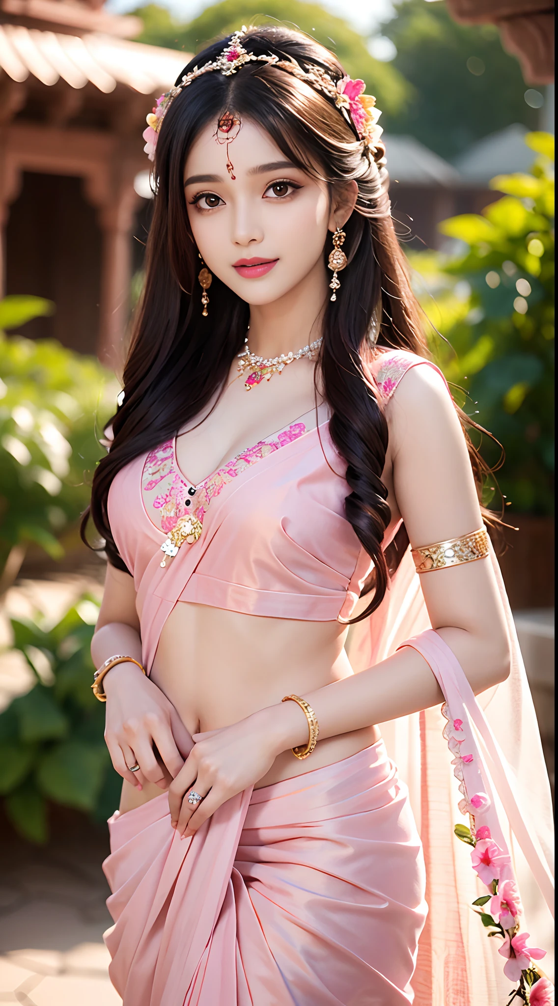 8K, ultra high detailed, an indian girl, cute face, happy, long hair, impressive hairstyle, detailed eyes, detailed lips, indian clothes, saree, pink saree, lace, wearing jewellery, nature background, flowers, afternoon, shadow, clear weather, sitting, whole body capture,