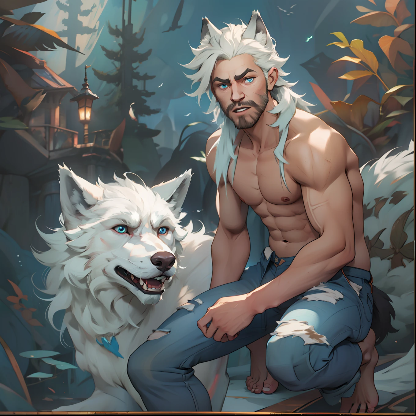 athletic young adult Male with light beard, has flowing white hair, has wolf ears, has wolf tail, shirtless, playful, solo, alone, has goofy look on his face, has bright blue eyes, wearing loose weathered jeans, barefoot