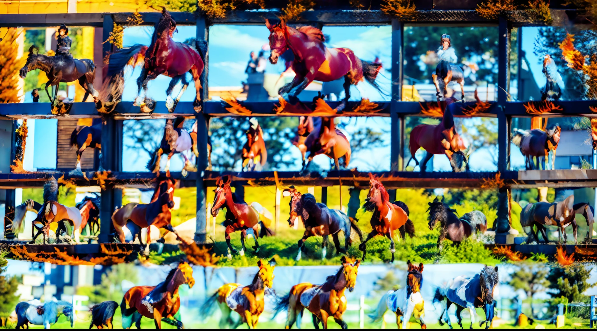 8 horses,A grand spectacle,super wide shot,1#cavalos,2#cavalos,3#cavalos,4#cavalos,5#cavalos,6#cavalos,7#cavalos,8#cavalos。Eight extremely special and rare horses surround each other,A large herd of horses galloped ahead,Gallop like a clock across the steppe。The vast plains of the epic scene are rich in aquatic plants,In the distance is the snow-capped Mount Everest,Snow creek flows into the sea,At the other end is the magnificent City of Giants,The horse team entered and exited from the direction of the city gate。The first is a projective pegasus from the Supreme Heaven, It has a rainbow aperture from the Supreme Heaven,She walks between light and purity,No additional ornaments were needed to highlight her dignity and holiness,Even the sky showed her clear skies,She has a deep hostility with the nightmarish heavy journey from hell,The two never put their heads next to each other。Surrounded by sulfur flames, Hell rides hard every time a horse's hooves fall, Step on the grass from the lava on the ground。The sky in the steppe is brighter because of the rainbow,Lava makes the Earth deeper。The wind wings of the wind elf horse let its position be erratic,She flicked the cyan aperture with her hand,Always can't help but tease mechanical horses。The mechanical horse mecha is full of beauty,The shoulder back position always reveals delicate mechanical accessories,Four feet with hydraulic pump and electromagnetic ejection device。Unicorns want to steal the limelight from all the horses with their pure and flawless beauty,Her unicorn flashed with the power of thunder。But on the side, Fairy Ryoma is comparing with it,The fairy dragon is full of small stars shining with magical brilliance。Their unique elven-patterned armor and colorful saddles make them the most fashionable horses。The female knight charges on her knightly warhorse,Her lofty ideals made her unstoppable,No doubt about it,She is the protagonist of this photo。There is also a chaos horse from uncharted territory,She b