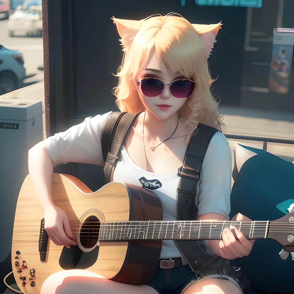 blond haired girl with cat ears and sunglasses holding a guitar, artwork in the style of guweiz, ross tran 8 k, beautiful young catgirl, beautiful anime catgirl, anime girl with cat ears, girl with cat ears, guweiz, detailed digital anime art, ross tran style, anime catgirl, catgirl, realistic anime 3 d style