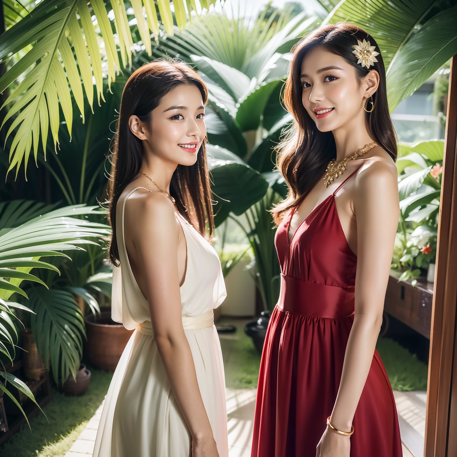 （8K分辨率，fully body photo，Leg photos，Wallpapers），（A pair of twin females，20yr old，（Facial features of Thai Opp：1.8，Bony cheeks，s delicate face），com rosto detalhado，Lovely face，com rosto detalhado，详细的脸，Ultra-fine makeup，Black colored eyes，（Look in the same direction），Long dark red hair，（Messy has layers），Redlip，Fair smooth skin，（Best Skin Type：1.21），mediuml breasts，（Thai traditional clothing，（Thai evening dress，Sivale），Luxury ladies' tube dresses，A small number of flower hairpins，Luxury necklaces and bracelets），Tall and tall，The action of flying kisses，perfect hand，Ultra-fine clothing material），（Thai farmhouse，tropical trees，Flower wall，Exquisite environmental details），（exhilarated，confident smile，Rejoice，Intimacy），（profesional lighting，动态照明），（（The color is relatively uniform，subtle sensuality，vivaciousness，rays of sunshine（golden colored，red colour，In pink））），（Golden section，Cinema lenses，Dynamic shots，Hasselblad photograp，tmasterpiece：1.3），（adolable，rays of sunshine，vivaciousness，mistic，dream magical，Little woman，trendsetting，Street style，Artis，Art platform）