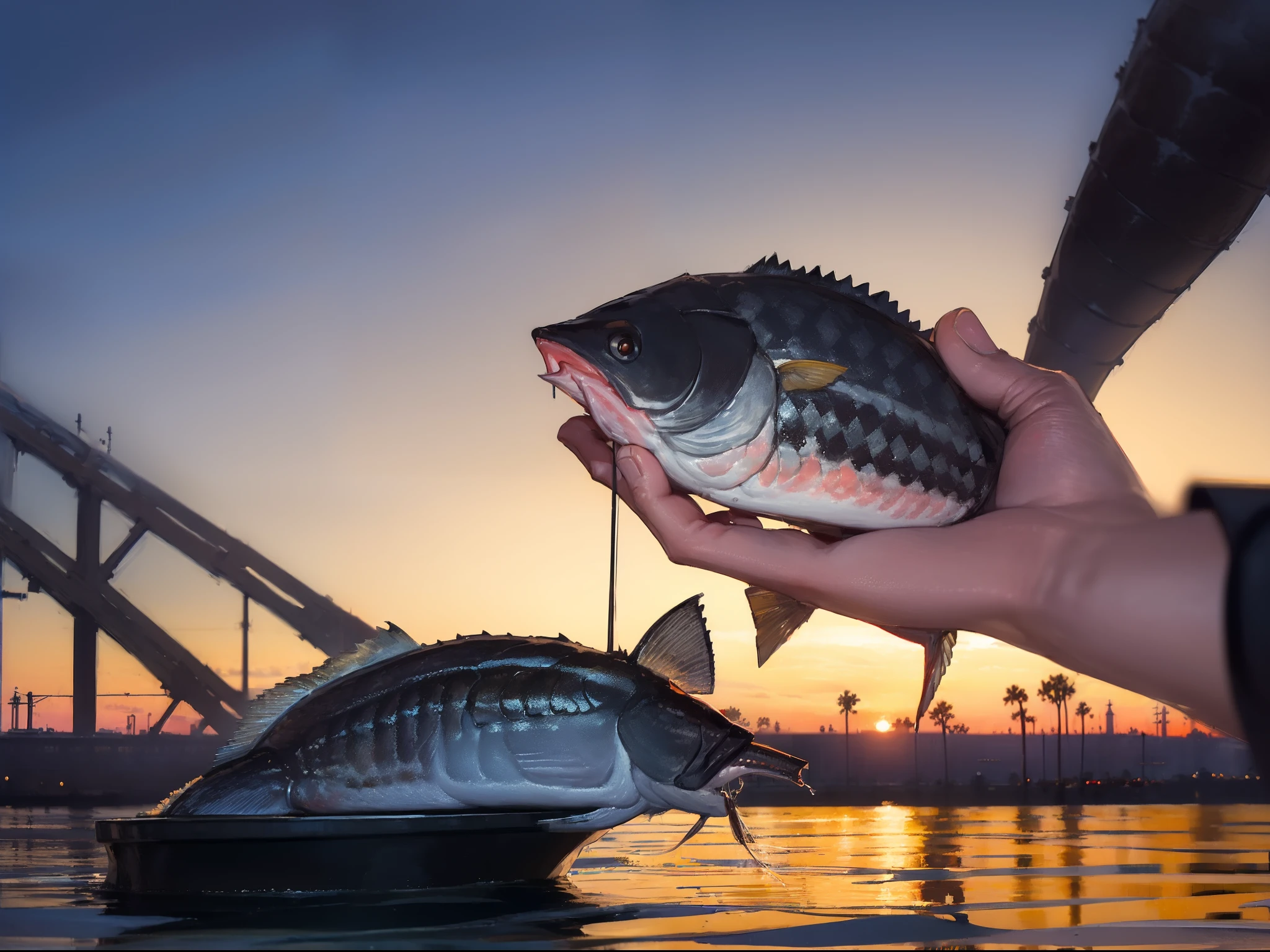 ((((Catch a big black bass by the lakeside:1.5)))),((1 Female 22 years old))((Best Quality, masterpiece :1.5)),(((Hands with the correct number and structure of fingers:1.4))),hight resolution,ultra-detailliert,​masterpiece,best qualtiy,,Black hair, long eyeslashes, Solid Circle Eyes, Smiling Woman, drop shadow, Atmospheric perspective,Super Detail, ccurate, small brest,(Black jacket :1.1),top-quality, blurry backround, bokeh dof:1.2, (​masterpiece:1.3),  Atmospheric perspective,Super Detail,dynamic compositions