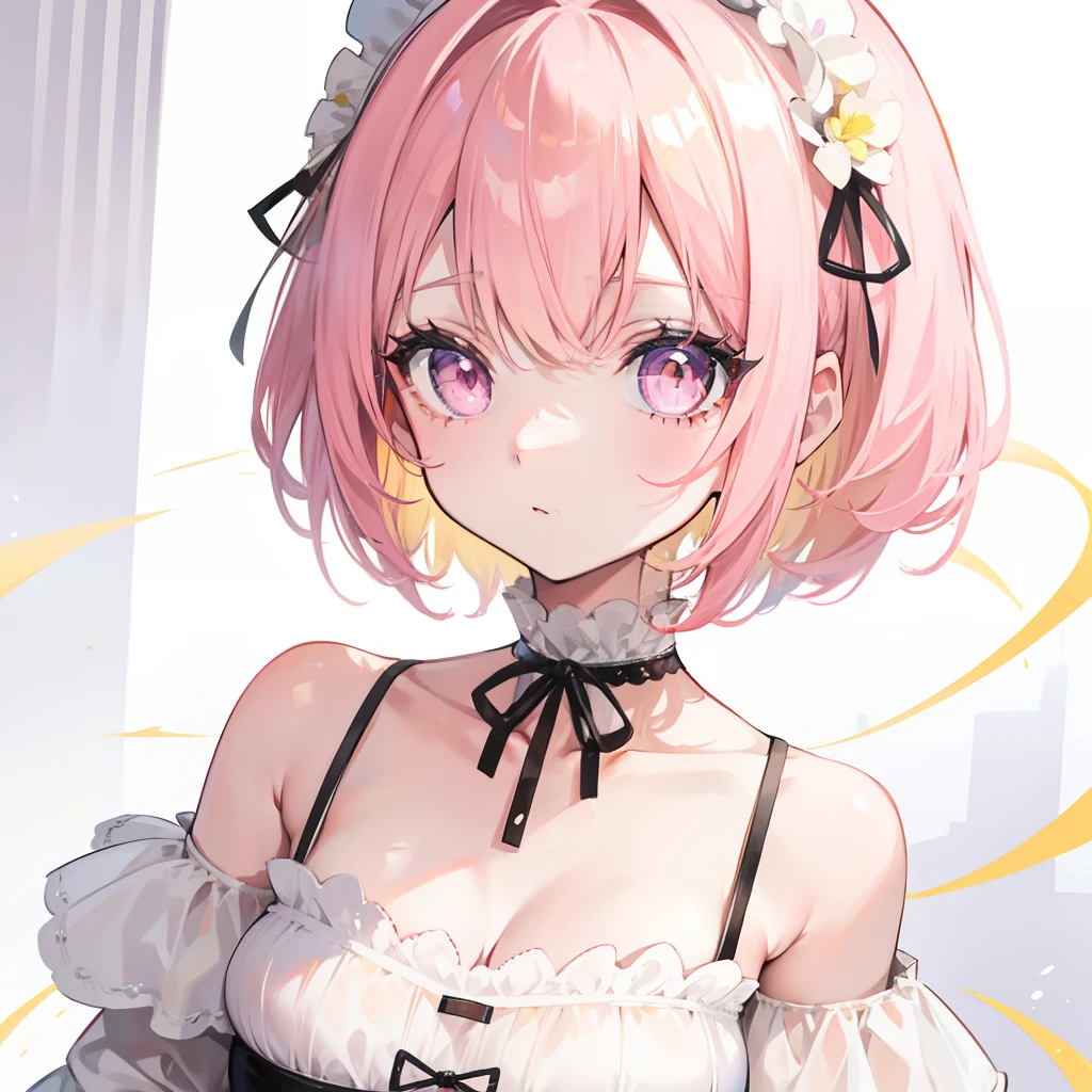 (Fraction_9,Fraction_8_Direction_7_up),1 Woman,Pink Hair、Black clothes、Large bow on the head,官方Role艺术, Role, mechanized valkyrie girl,White lingerie,Neck collar,