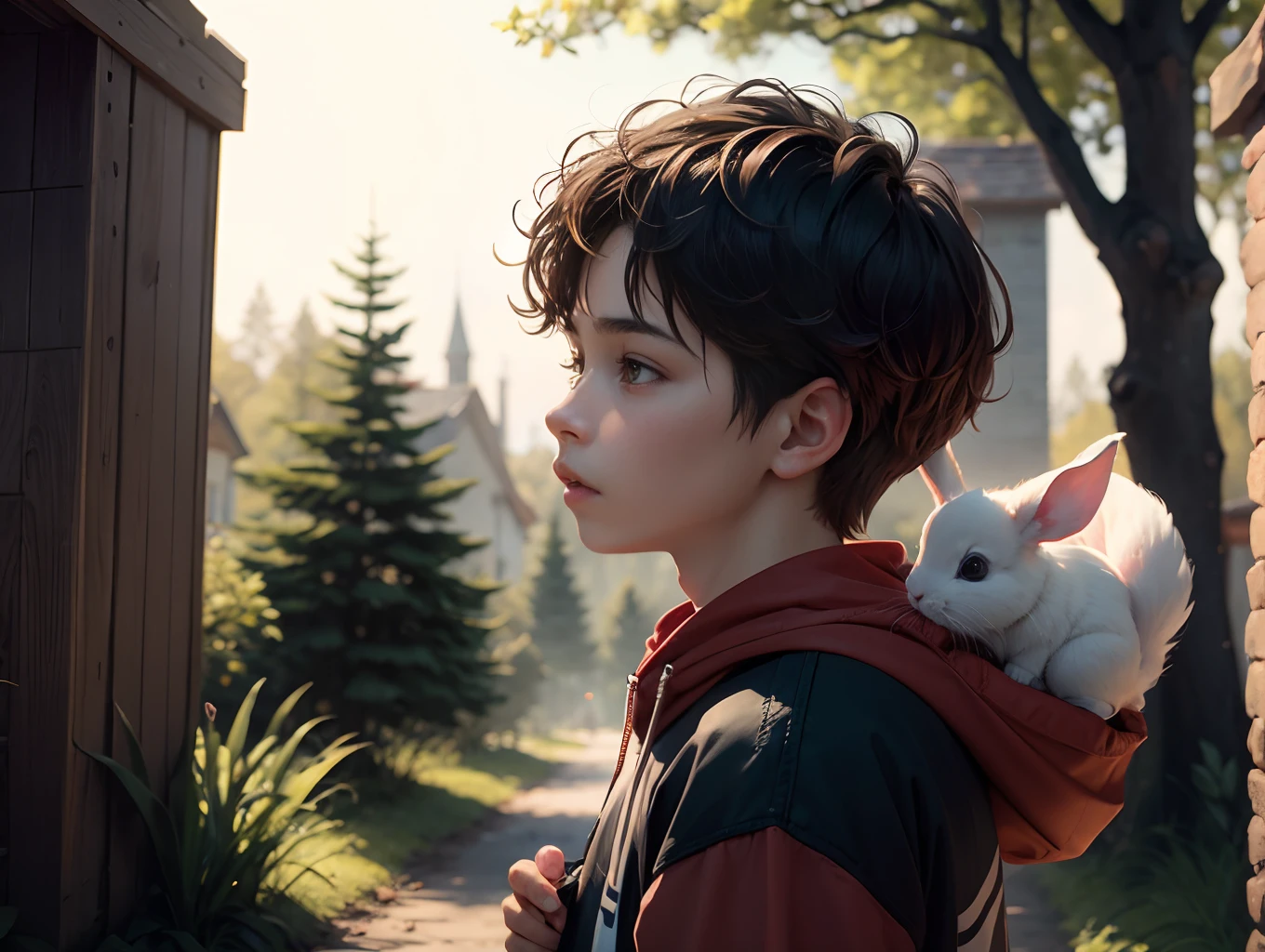"Render a 4K hyperrealistic scene featuring a young boy wearing a vibrant red hoodie, standing in a charming small town village nestled within a magical forest. The boy should be holding a white rabbit gently in his arms, showcasing intricate details on both the boy's clothing and the rabbit's fur. The scene should be bathed in the soft glow of sunlight filtering through the trees, highlighting the photorealistic textures of the buildings, flora, and fauna. The final image should capture the magical ambiance of the forest village while displaying an impressive level of detail and realism."