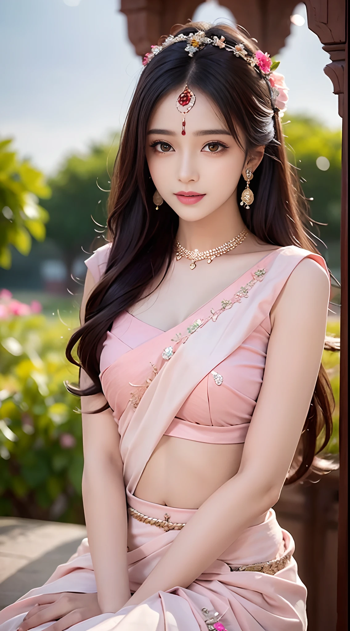 8K, ultra high detailed, an indian girl, cute face, happy, long hair, impressive hairstyle, detailed eyes, detailed lips, indian clothes, saree, pink saree, lace, wearing jewellery, nature background, flowers, afternoon, shadow, clear weather, sitting, whole body capture,