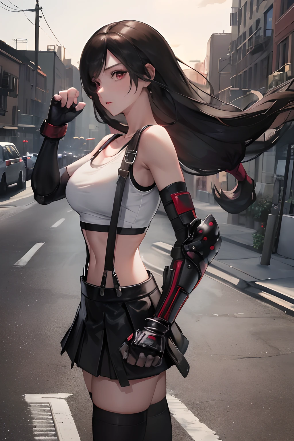 masterpiece, best quality, 7rtifa, crop top, arm guards, fingerless gloves, suspenders, pleated miniskirt, black thighhighs, fist, from side, looking at viewer, dystopian city, city street, night