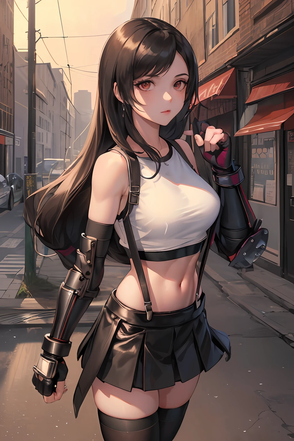 masterpiece, best quality, 7rtifa, crop top, arm guards, fingerless gloves, suspenders, pleated miniskirt, black thighhighs, fist, from side, looking at viewer, dystopian city, city street, night
