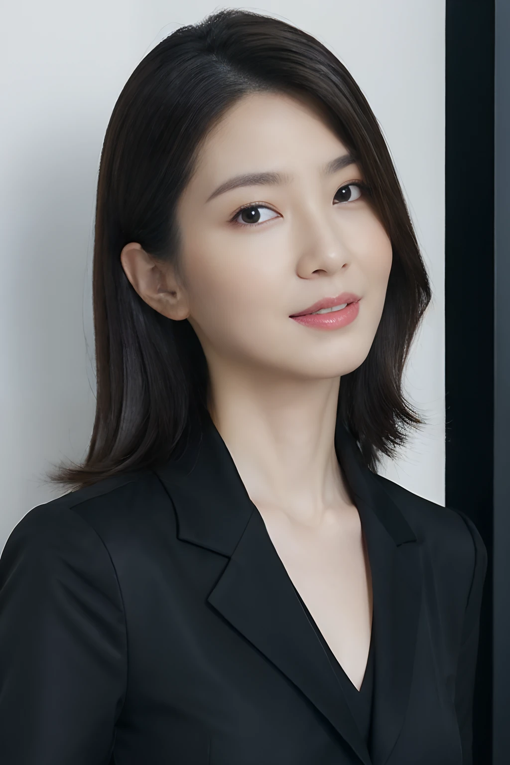 (masuter piece:1.3)、(Photorealsitic、Raw photography、top-quality: 1.4)、(1girl in)、(Lifelike face)、(A dark-haired、Long- :1.3)、(real looking skin)、(Black leather long sleeve suit、Glossy silver camisole)、超A high resolution、A hyper-realistic、high-detail、