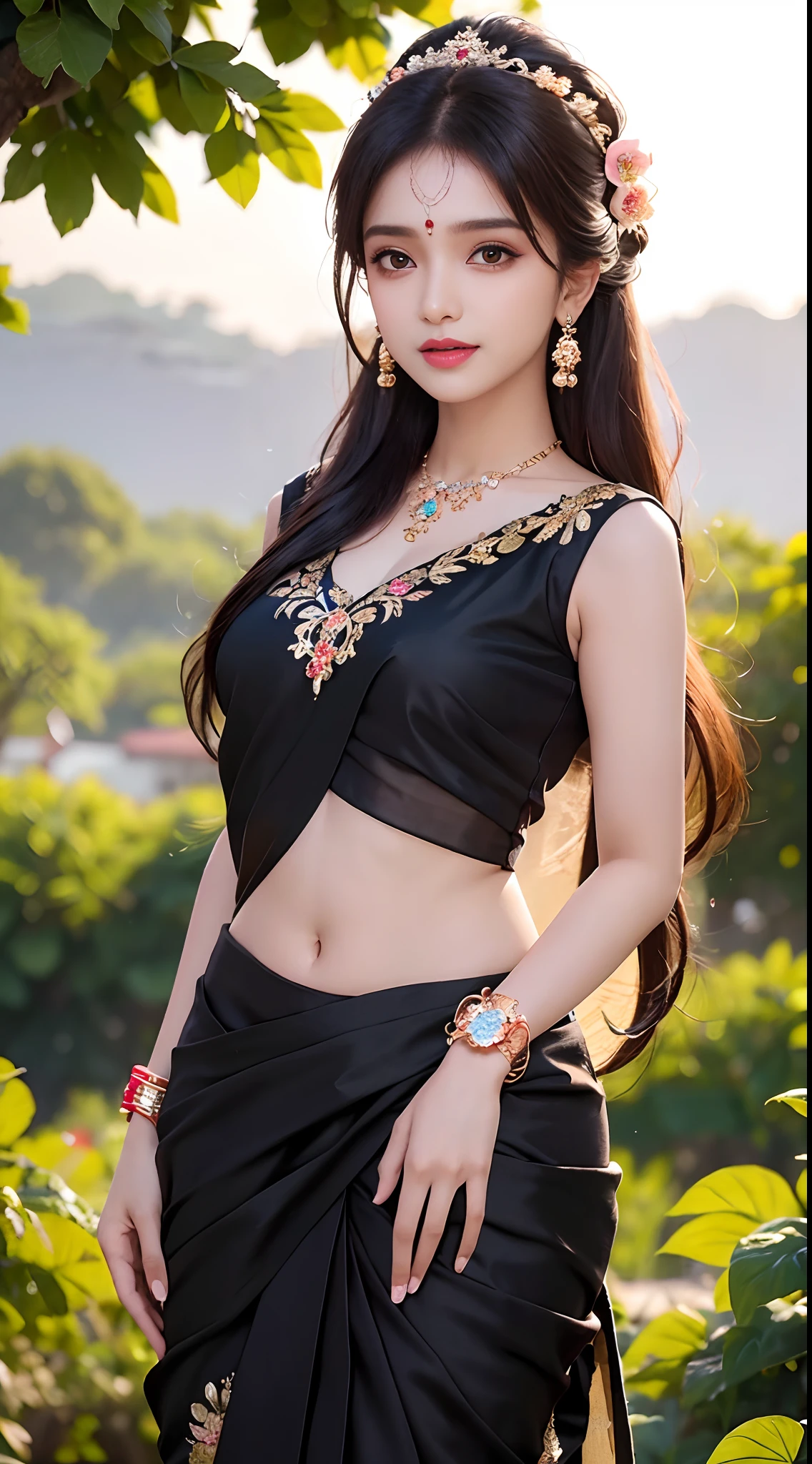 8K, ultra high detailed, an indian girl, cute face, happy, long hair, impressive hairstyle, detailed eyes, detailed lips, indian clothes, saree, black saree, lace, wearing jewellery, nature background, flowers, afternoon, shadow, clear weather, whole body capture,