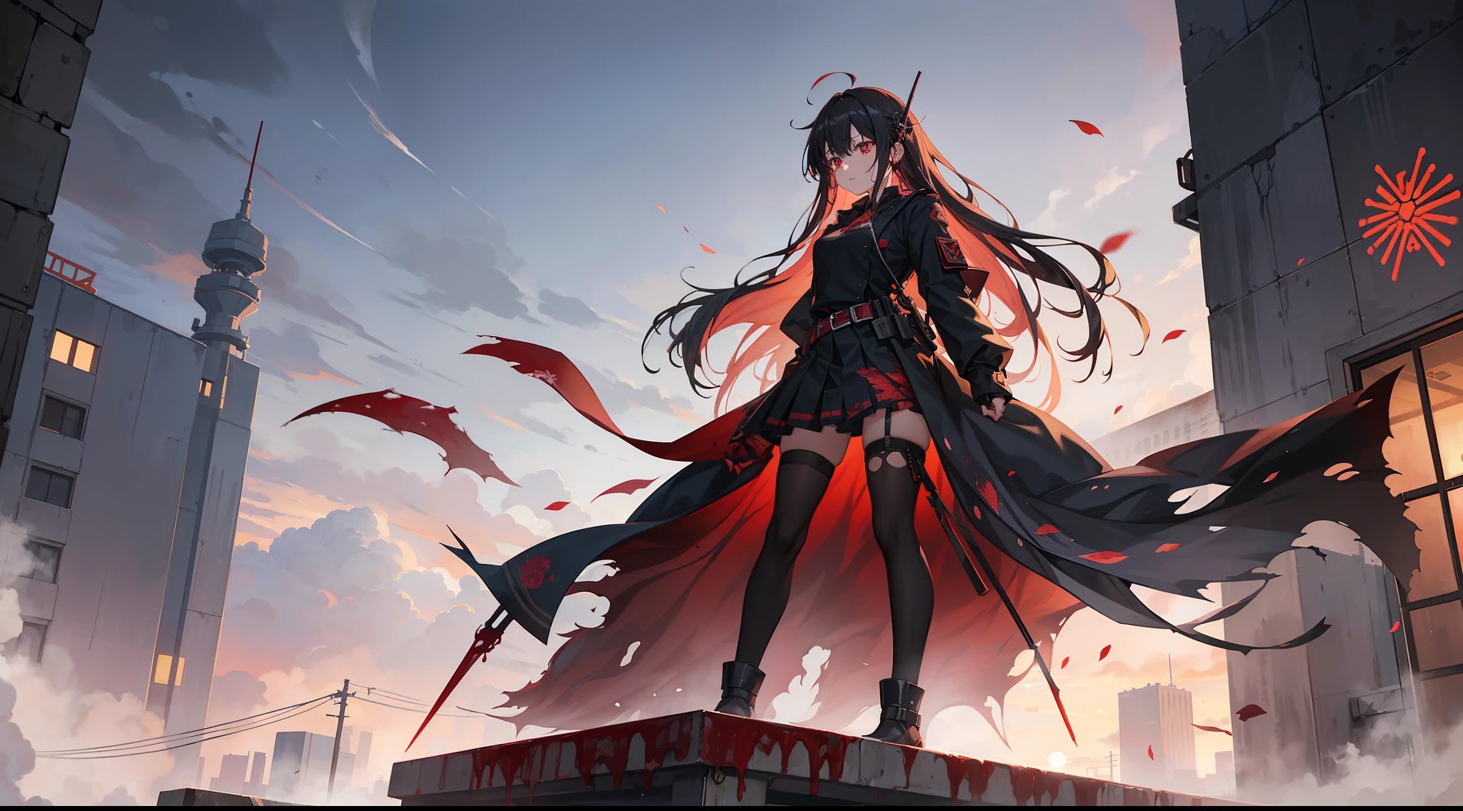 full body,Blood Mist, background_Urban rooftop,1 girl,despair,blood sakura,((masterpiece)), (((best quality))), ((ultra-detailed)), ((illustration)), ((disheveled hair)),Blood Cherry Blossom,torn clothes,crying with eyes open,solo,Blood Rain,bandages,Gunpowder smoke,beautiful deatailed shadow, Splashing blood,dust,tyndall effect