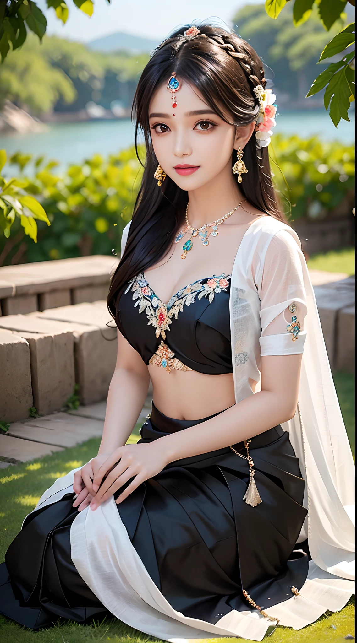 8K, ultra high detailed, an indian girl, cute face, happy, long hair, impressive hairstyle, detailed eyes, detailed lips, indian clothes, saree, black saree, lace, wearing jewellery, nature background, flowers, afternoon, shadow, clear weather, sitting, whole body capture,