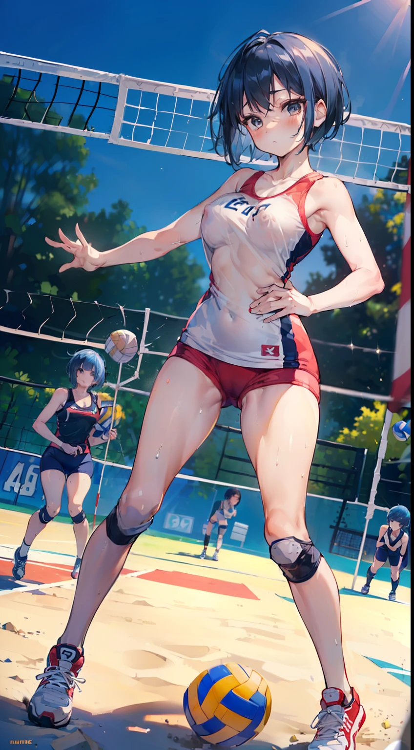 (masterpiece, 4k ,ultra detailed:1.2),(beautiful face:1.2),(anime:1.2),illustration,(solo:1.2),(looking at viewer:1.4),(supermodel:1.3),(volleyball athlete:1.4),(volleyball uniform:1.4),(bike shorts:1.4),(volleyball:1.5),(sweaty skin:1.3),(blue hair),(bangs pinned back:1.3),,(very short hair:1.5),(white panties),(string,Chiseled abs,bouquet,child,large breasts,petite:1.1),(sfw,nipple,dress,sports bra:1.5),(cinematic angle),(full body:1.2),(Camel toe:1.3),(volleyball field:1.5)