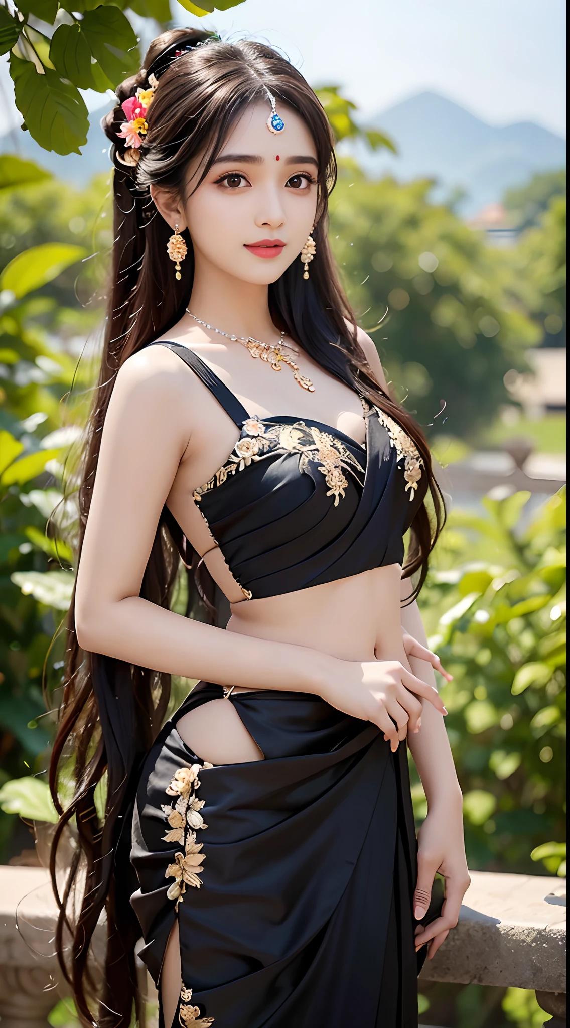 8K, ultra high detailed, an indian girl, cute face, happy, long hair, impressive hairstyle, detailed eyes, detailed lips, indian clothes, saree, black saree, lace, wearing jewellery, nature background, flowers, afternoon, shadow, clear weather, whole body capture,