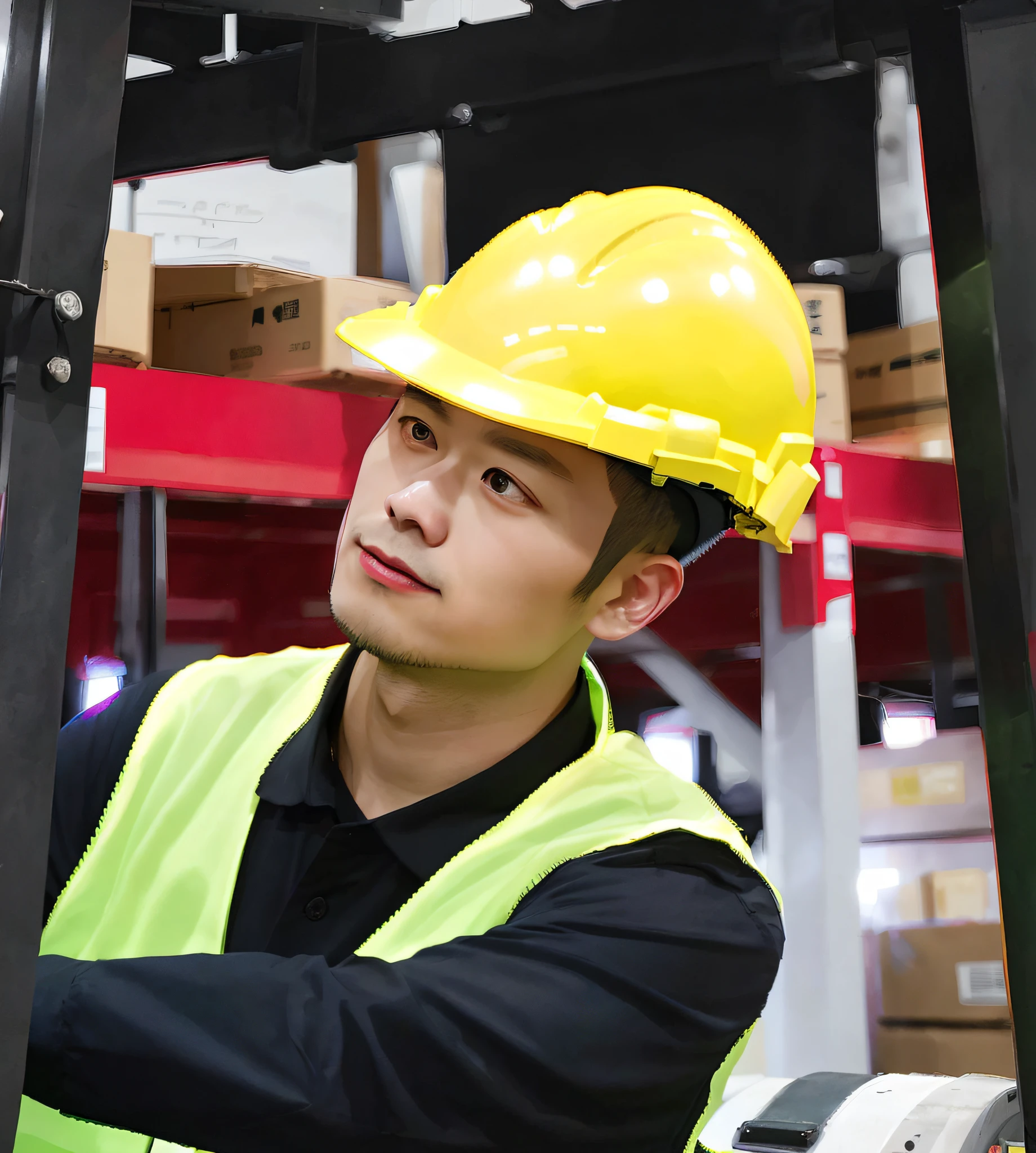 Chinese men in yellow safety vests and hard hats in a warehouse, Portrait shooting, inspect in inventory image, Close portrait, on a dark background, confident looking, contemplating, advertising photograph, Background, looking confident, Fine portrait, Man, professional, a super-smart, Advanced technology, looking off to the side, Portrait image, foco nítido