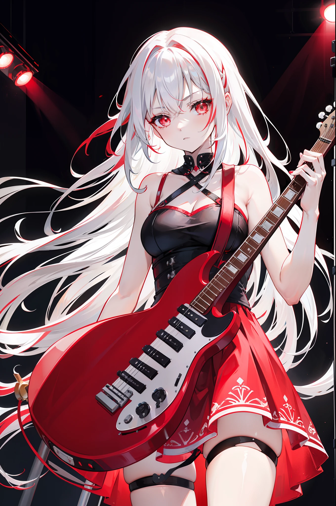 Wearing a red and black dress，Red and blue heterochromatic pupils，long  white hair，dual horsetail，a beauty girl，Holding crimson Gibson LP electric guitar，performing on stage，In front stands a microphone stand，The spotlight hits the girl，Other places are dimly lit