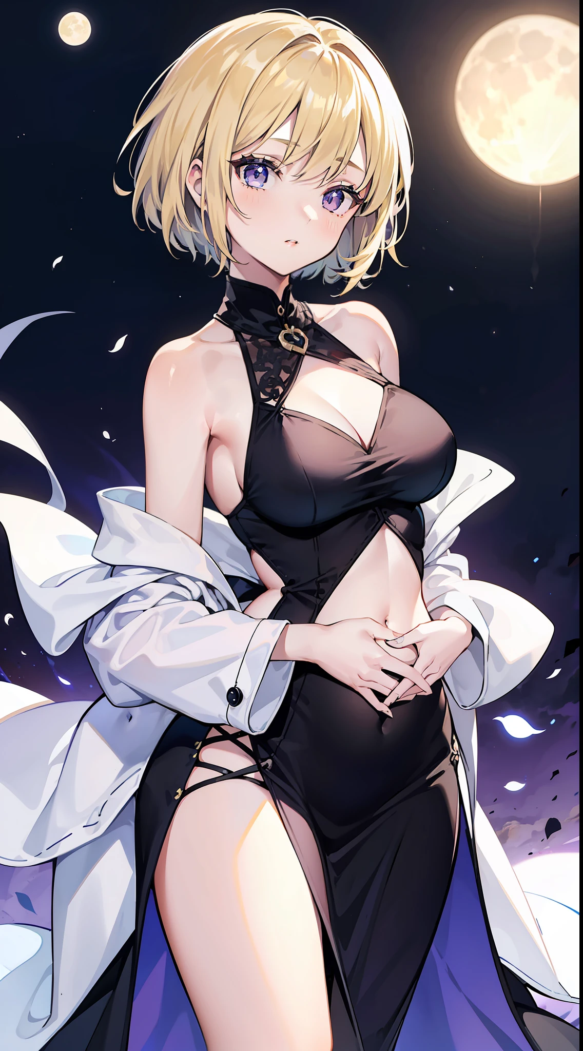 young girl, short blonde hair, Bob hairstyle, violet eyes, Black and white tight magic dress, open belly, open breasts, Wide neckline, The Sun and the Moon, Masterpiece, hiquality