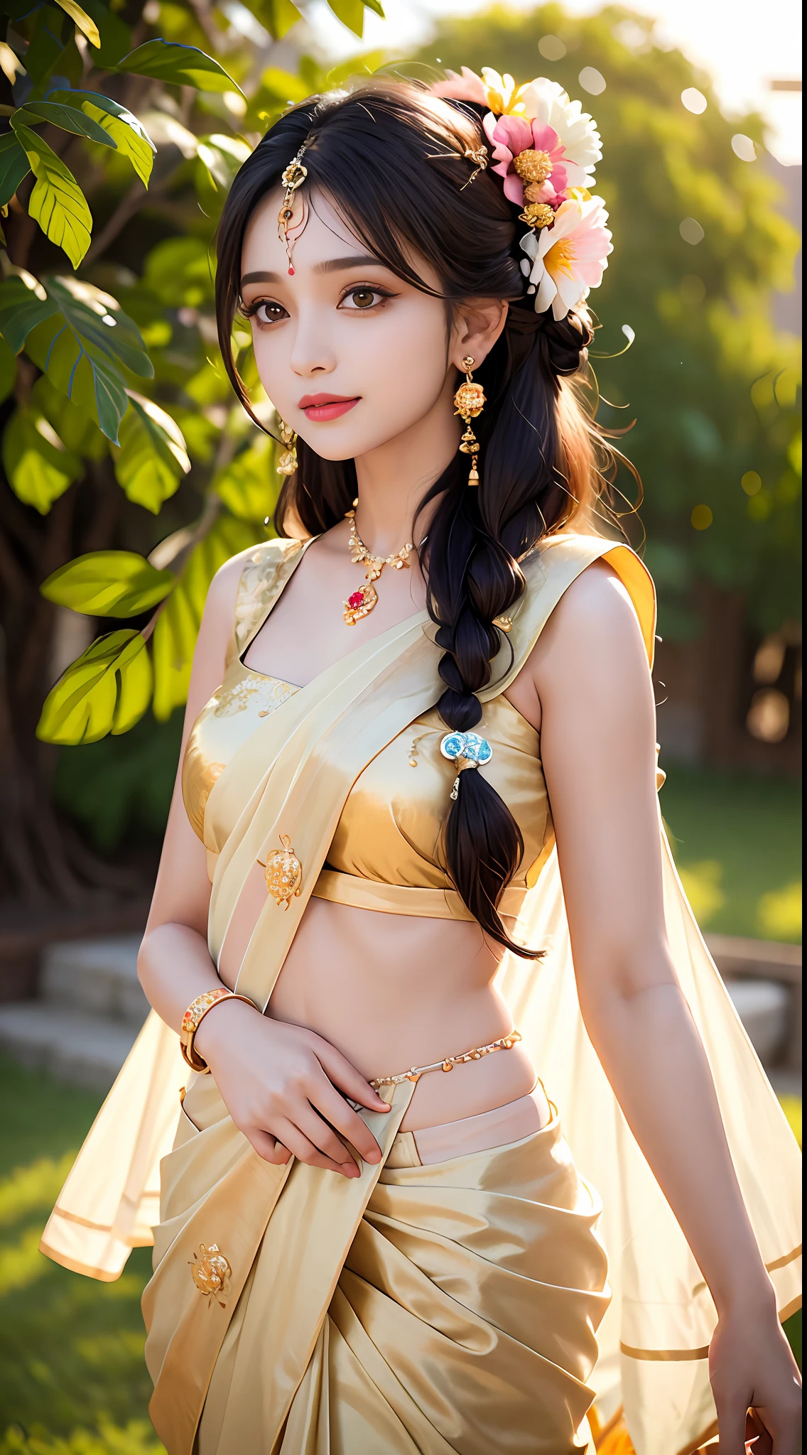 8K, ultra high detailed, an indian girl, cute face, happy, long hair, impressive hairstyle, detailed eyes, detailed lips, indian clothes, saree, golden saree, lace, wearing jewellery, nature background, flowers, afternoon, shadow, clear weather, whole body capture,