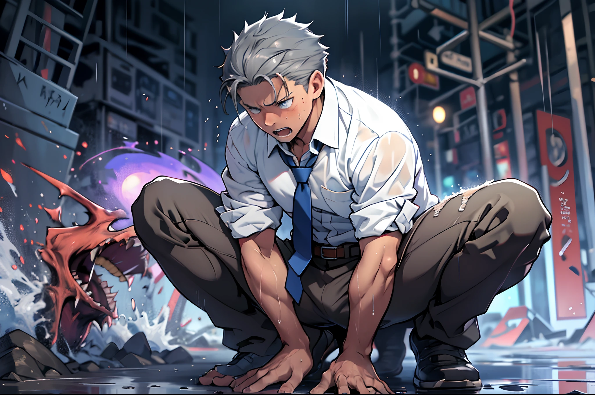 （1 Adult male），A high resolution， Sharp focus， Pixiv masterpiece， （（Complicated details））， highly  detailed， natsuki_subaru， 1 man，Defeat， crestfallen，full bodyesbian，kneels on the ground， Sweaty crotch，Pee on the legs，pissing，Urine runs down the thighs，embarressed，exhilarated，is shocked，panicking，worry，A small puddle of their own urine forms around the feet，Urine runs down the crotch，Drenched，rain，The shirt is soaked，（A gesture of pleading），blue color eyes（eyes glowing）， Short gray hair，white  shirt，Wear a tie，Wear a belt，perspire，look from down