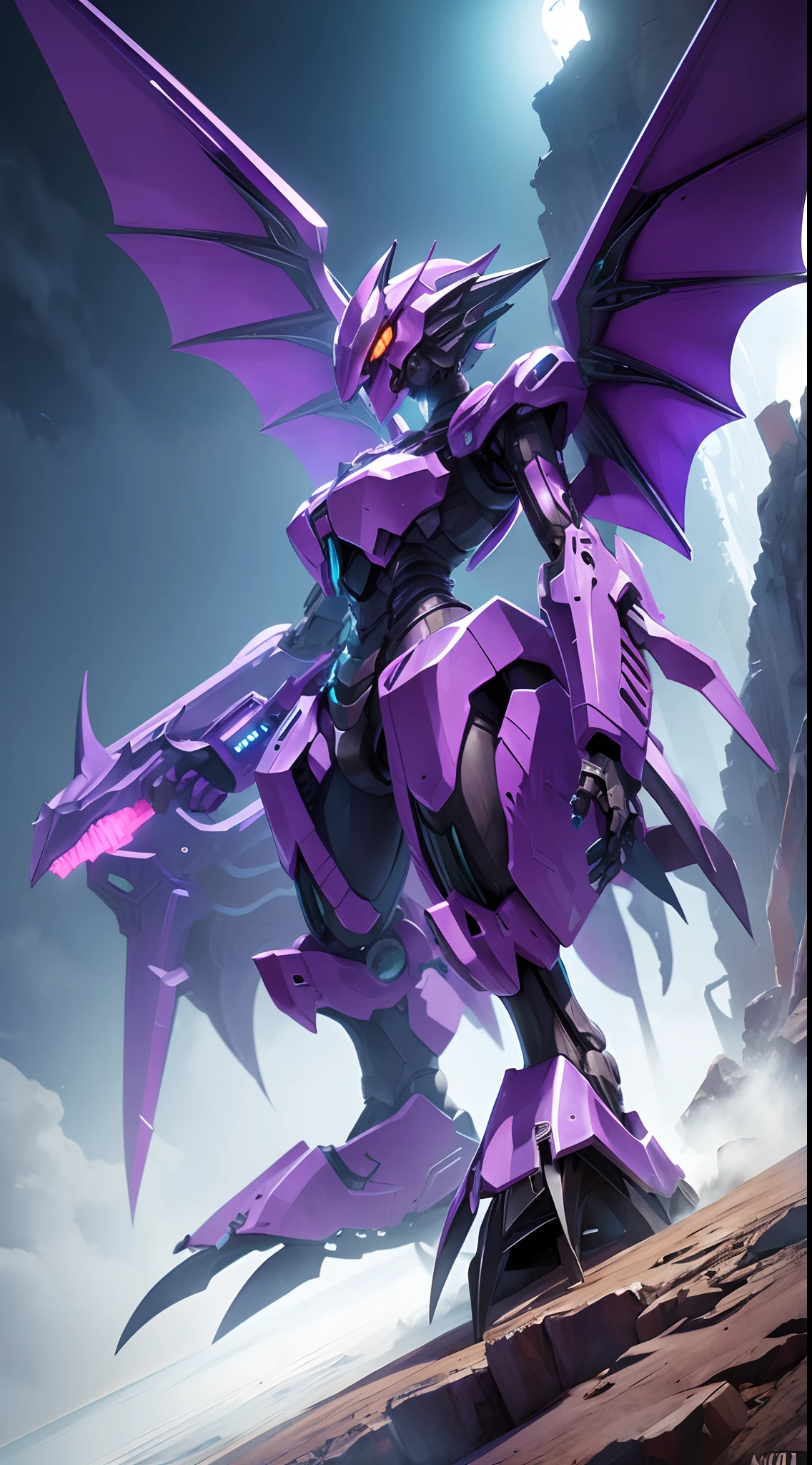 Mecha monsters, mechanical pterosaurs, dinosaurs with huge wings，Cyberpunk sci-fi style，Purple mech color