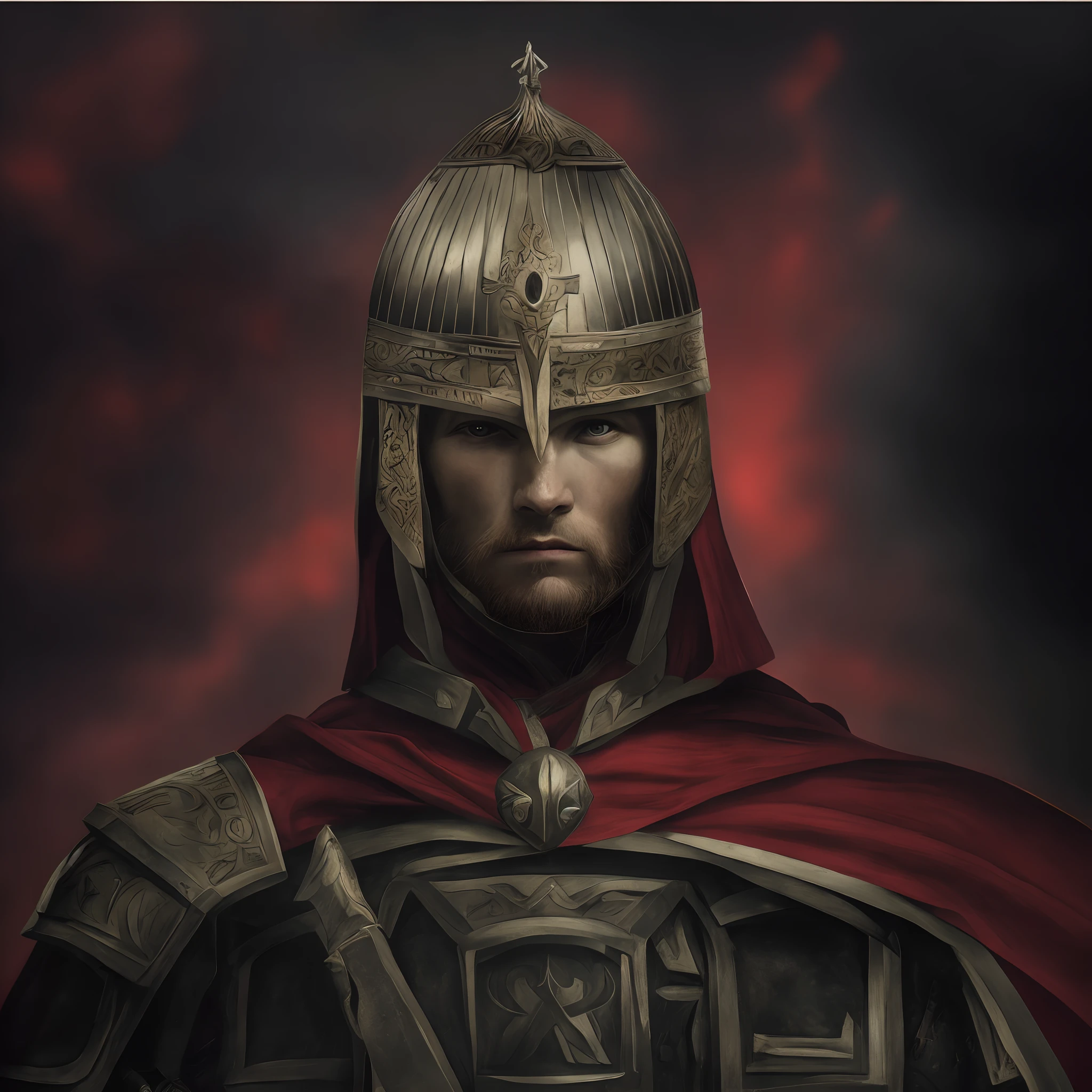 russian hero in a helmet, A picture of a man in a helmet and a red cape, A painted portrait of a stern Odin, A portrait of a Viking, A Norwegian warrior, An illustration of a Viking warrior, a Viking warrior, An ancient Viking warrior, A Viking face in profile, a medieval old king, the Great King of Stovokory, the Viking King, The aesthetics of Vikings and Templars, A painting of a knight