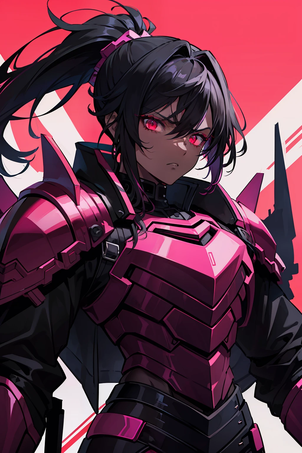 "dark-skinned with a menacing scowl, black hair styled in a layered ponytail with vibrant magenta highlights, fierce red eyes, muscular physique adorned in a futuristic gothic armor blending black and red shades, with intricate black armor plating."