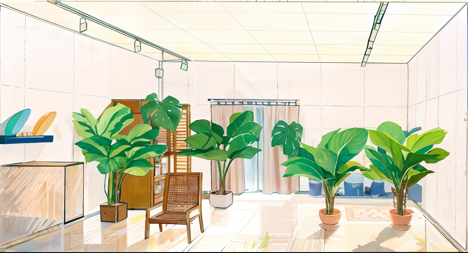 masterpiece、top-quality、Wuxi 1GIR、 illuminating, Chair, and tables, Set Design, by Ayako Rokkaku, Showroom, concept drawing, establishing shot, with potted palm trees, Behind the scenography elements, indoor scenes, Large plants in the background, interior background art, Interior background, conceptual rendering, Detailed set design, jungle setting, Higher Real