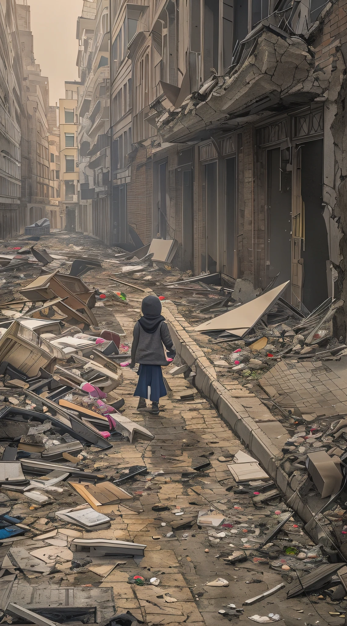 In a bombed, ruined cityscape, The streets were shelled，damaged streets，Destroyed modern building on the left side of the street, The windows shattered，（Far Side 1 girl，Pick up garbage，facing away from the audience）， stunning sight,