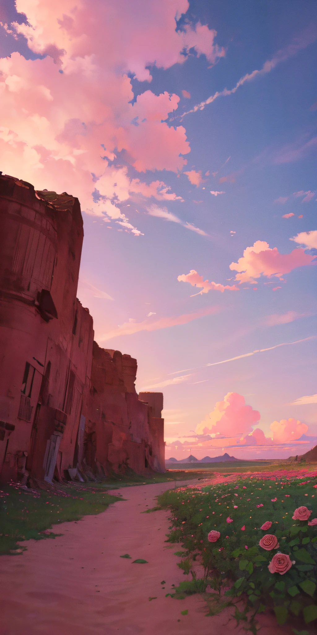 Summer, desert, pink clouds, a land overgrown with roses, James Gurney, art station rendering, ultra-wide lens, high definition