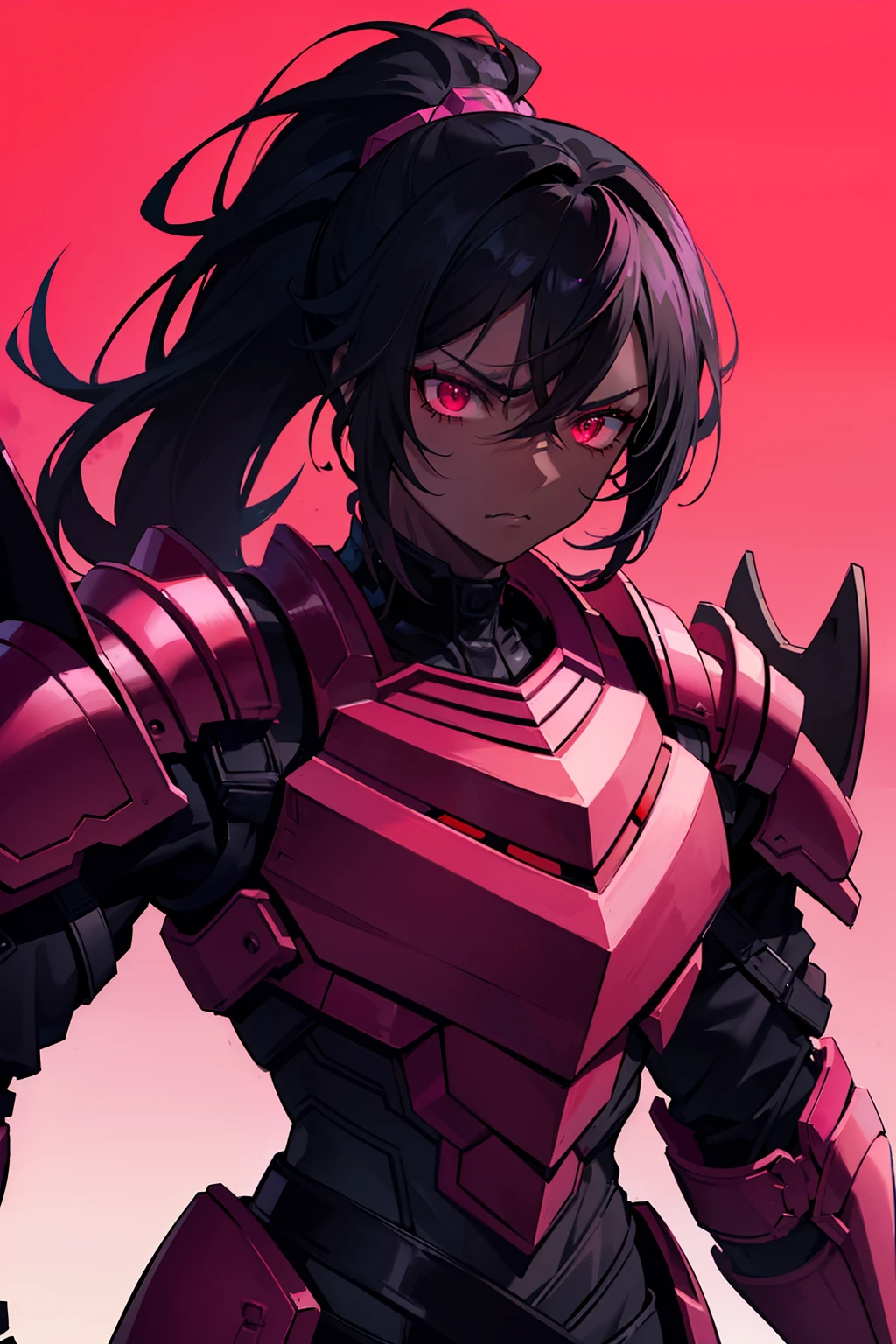 "dark-skinned with a menacing scowl, black hair styled in a layered ponytail with vibrant magenta highlights, fierce red eyes, muscular physique adorned in a futuristic gothic armor blending black and red shades, with intricate black armor plating."