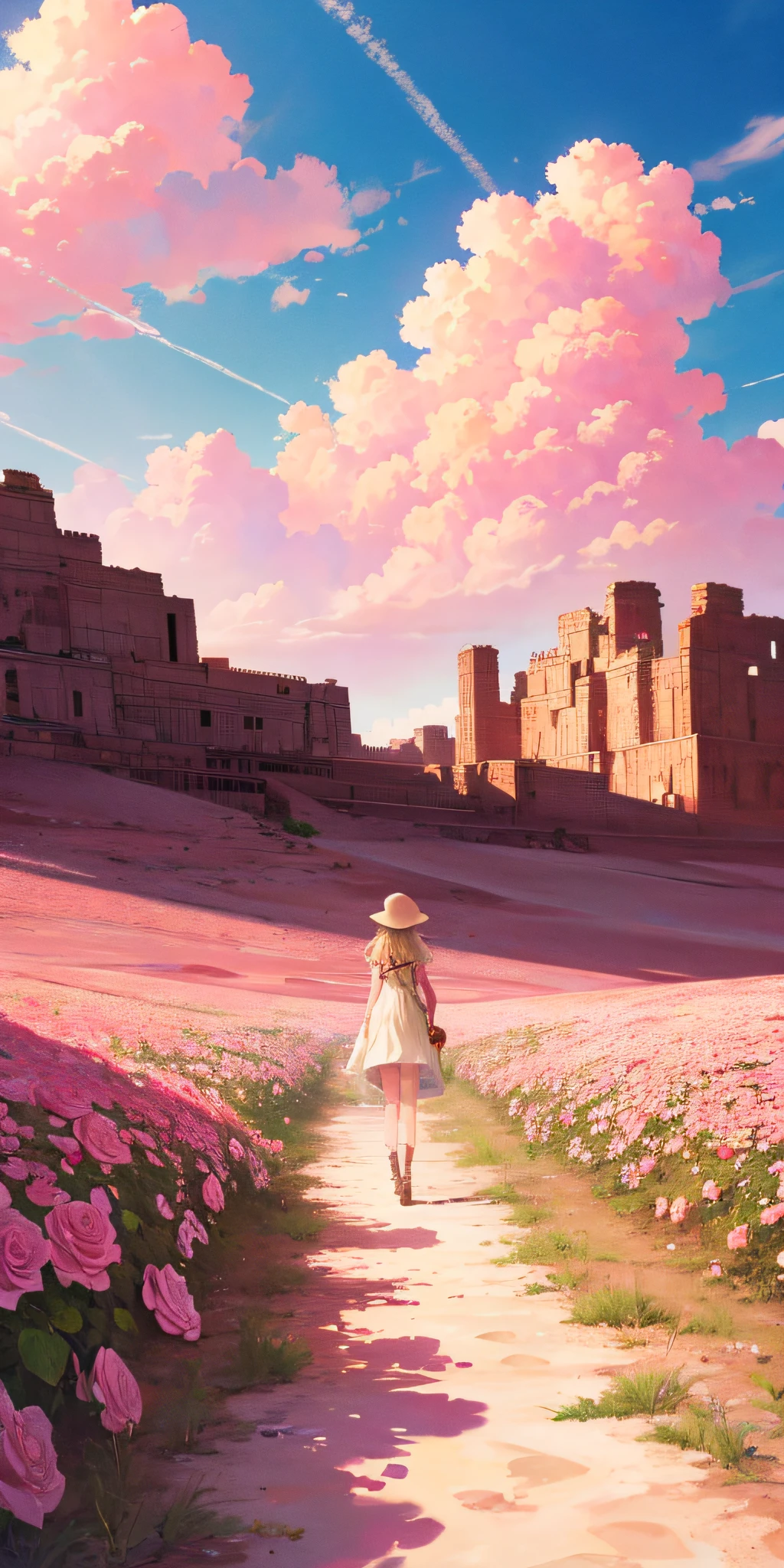Summer, desert, pink clouds, a land overgrown with roses, James Gurney, art station rendering, ultra-wide lens, high definition