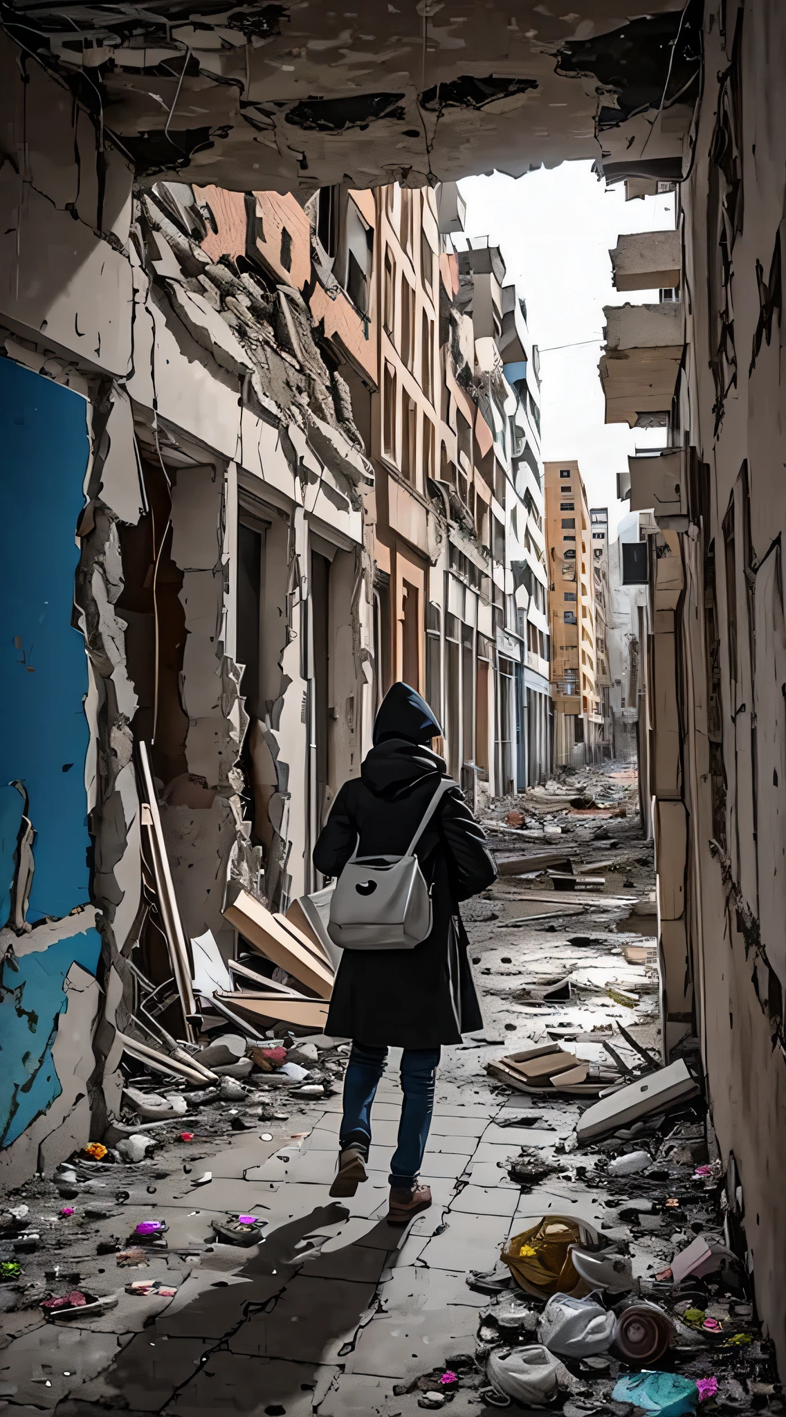 In a bombed, ruined cityscape, The streets were shelled，damaged streets，Destroyed modern building on the left side of the street, The windows shattered，（Far Side 1 girl，Pick up garbage，facing away from the audience）， stunning sight,