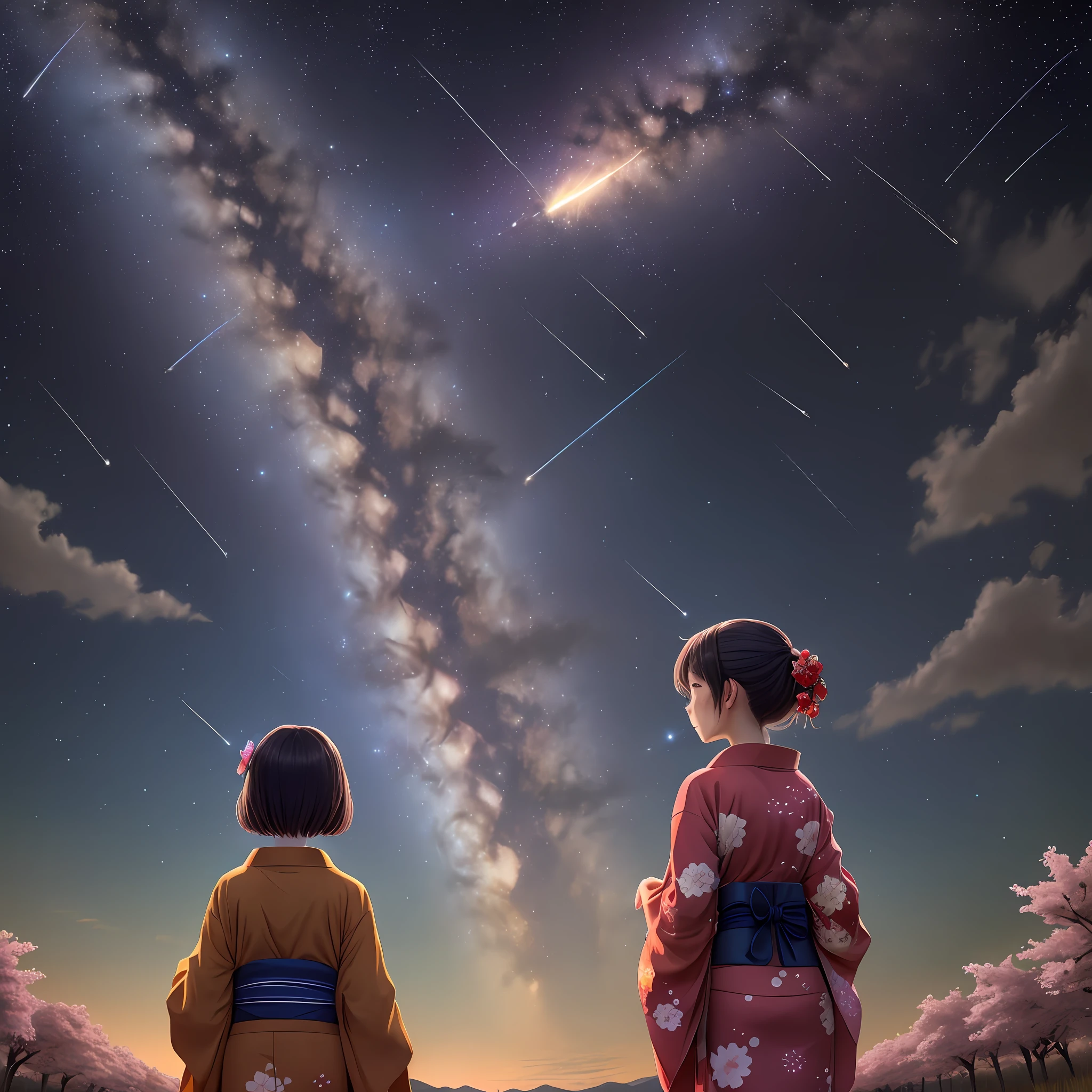 One, distant girl in kimono staring at the stars (reduced: 1.1), (meteor shower: 1.2), (comet: 1.1), your name, low angle, from behind, arrow labrealis shooting star, yukata, red kimono, cherry blossoms, highest quality standing in the field, masterpiece, clouds, colorful, starry sky, stars,