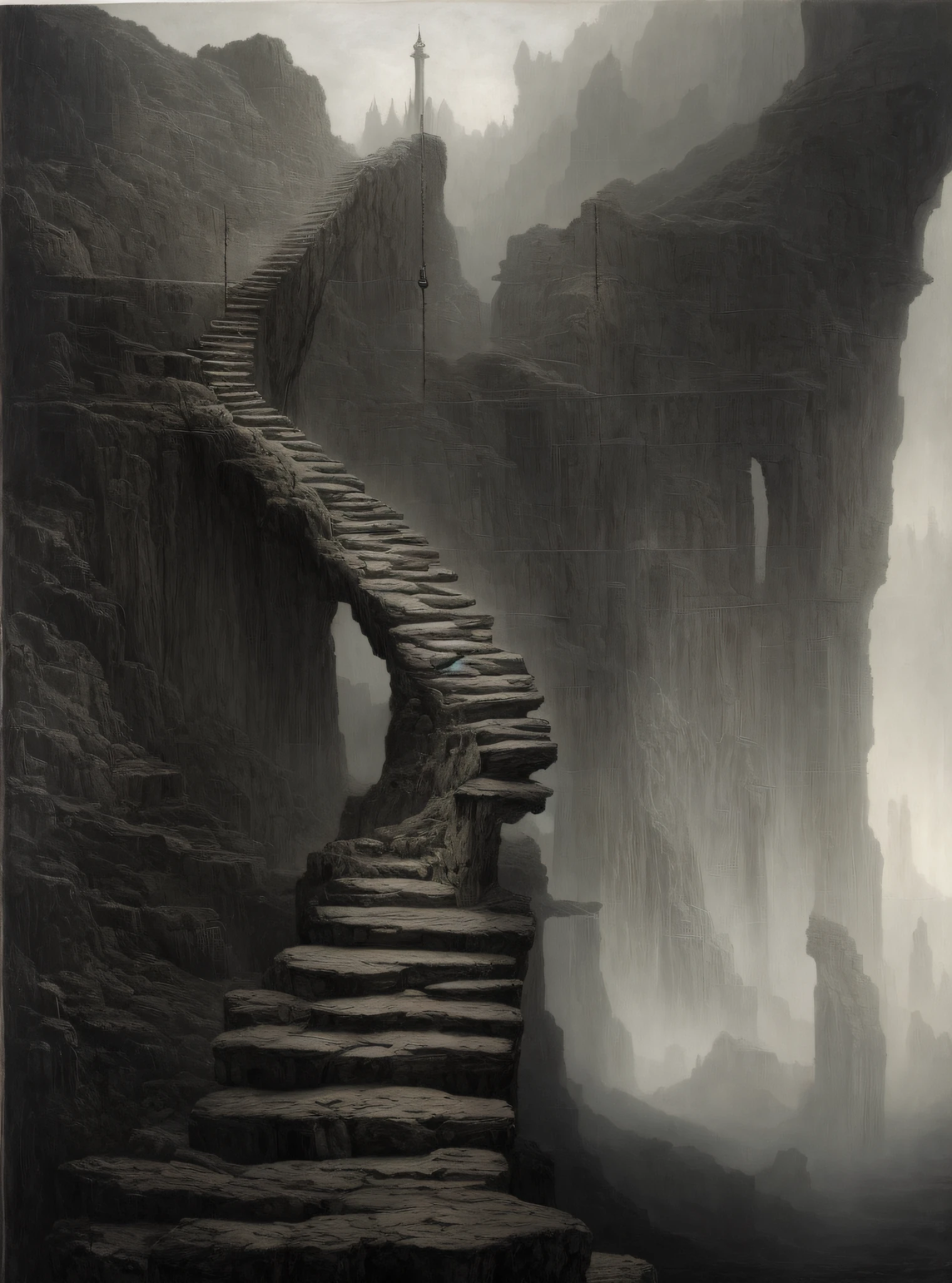Painting of a staircase leading to a cliff with a clock on it, inspired by Gustave Dore, Escalier vers le ciel, Peinture en noir et blanc, inspiré par Zdzisław Beksiński, inspired by Gustave Doré, Surrealist oil on canvas, inspired by Santiago Caruso, inspired by Carel Willink, by Jesús Mari Lazkano