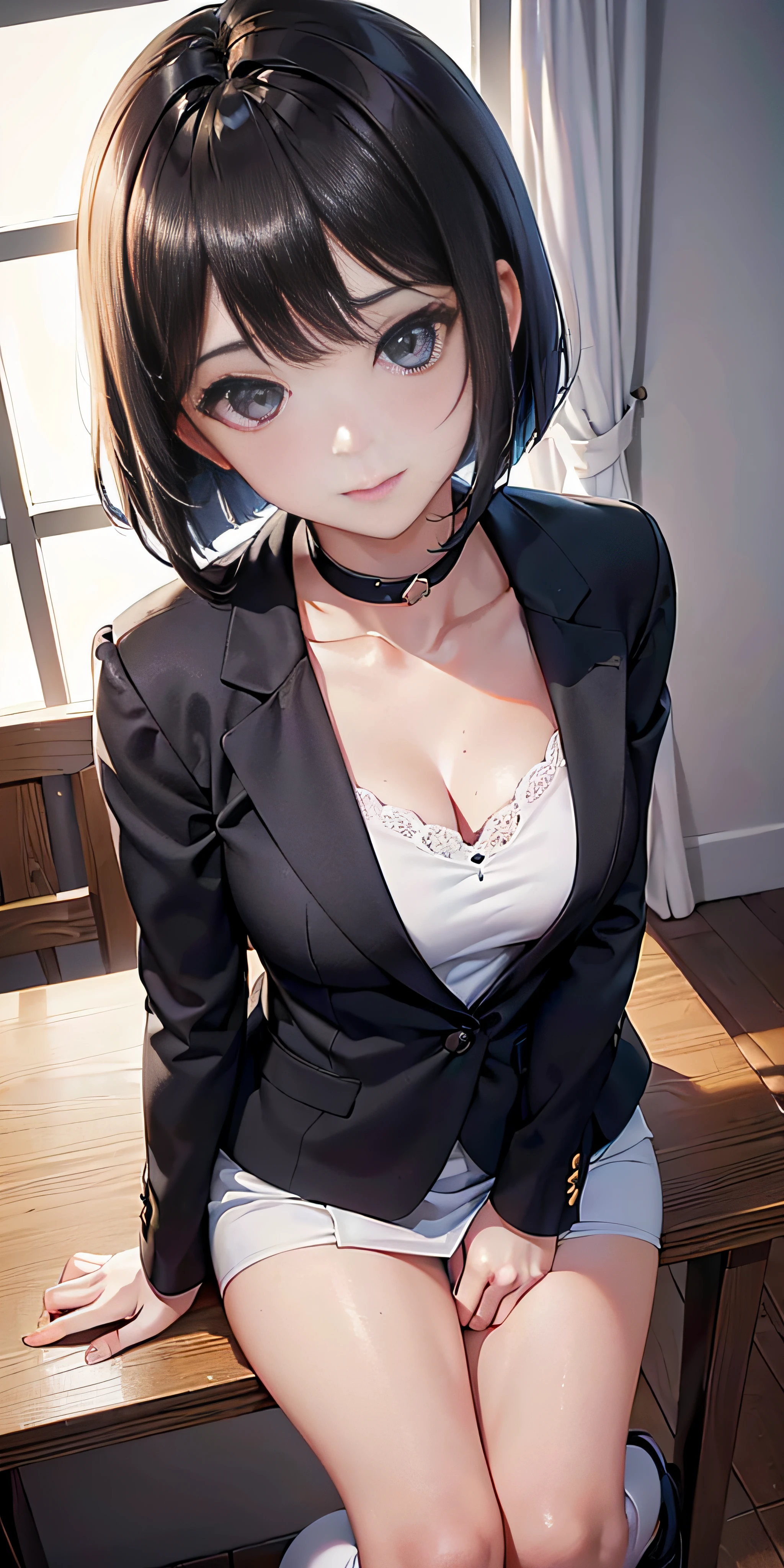 anime, estilo anime de mujer realista, (aegyo sal: 1), 18 years old girl, (blazer gris, cinta, minifalda plegada, calcetines, uniforme de escuela privada: 1.2), aula de secundaria, hermoso detalle en los ojos, (eye size: 3/4) luz en la cara, ((foto de cuerpo completo: 1.2)), luz especialmente fuerte, (ojos superiores, sonrisa sonriente: 1.2), piel brillante, (((cabello negro, cabello bob: 1.2))), (muslos gruesos), ulzzang-6500-v1.1: 0.2, bashful, (flash: 1.2), NSFW , (hinchado), ((postura seductora: 1.2, atractivo: 1.2)), (inactivo), (sentado en un escritorio en el aula: 1.2)), ((good anatomy: 1.2)), ((aula brillante y refrescante, fondo borroso: 1.2)), cara perfecta, cara linda y simetrica, (High Angle Shot: 1.2)s., Natural side lighting, ((8k, fotos RAW, calidad superior, obras maestras), High Definition RAW color photos professional close-up photos, (realista, fotorrealismo: 1.37), (highest quality), (mejores sombras), (mejores ilustraciones), Clavicles ((grandes)), ((erotic, sexy, ultra-high-resolution, 8K HD Unified CG Wallpapers, Physical representation, movie lighting), Canon EOS R50 camera 50mm lens