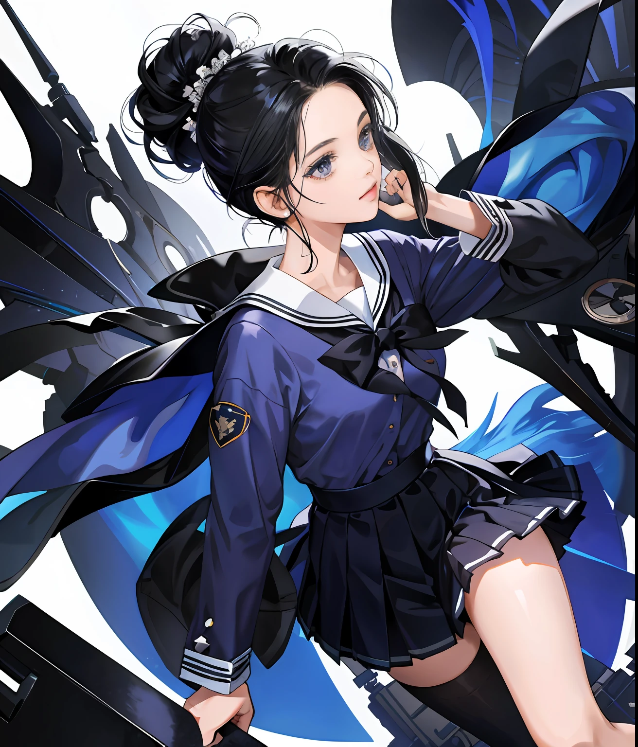 Superb masterpiece, 1girll，Hair up, Fair skin, Girls' pajamas, Black hair, Girl, Black eyes, Thigh clothing, coalescence, Super clear, face retouch, Campus background, sideface，Blue school uniform for students