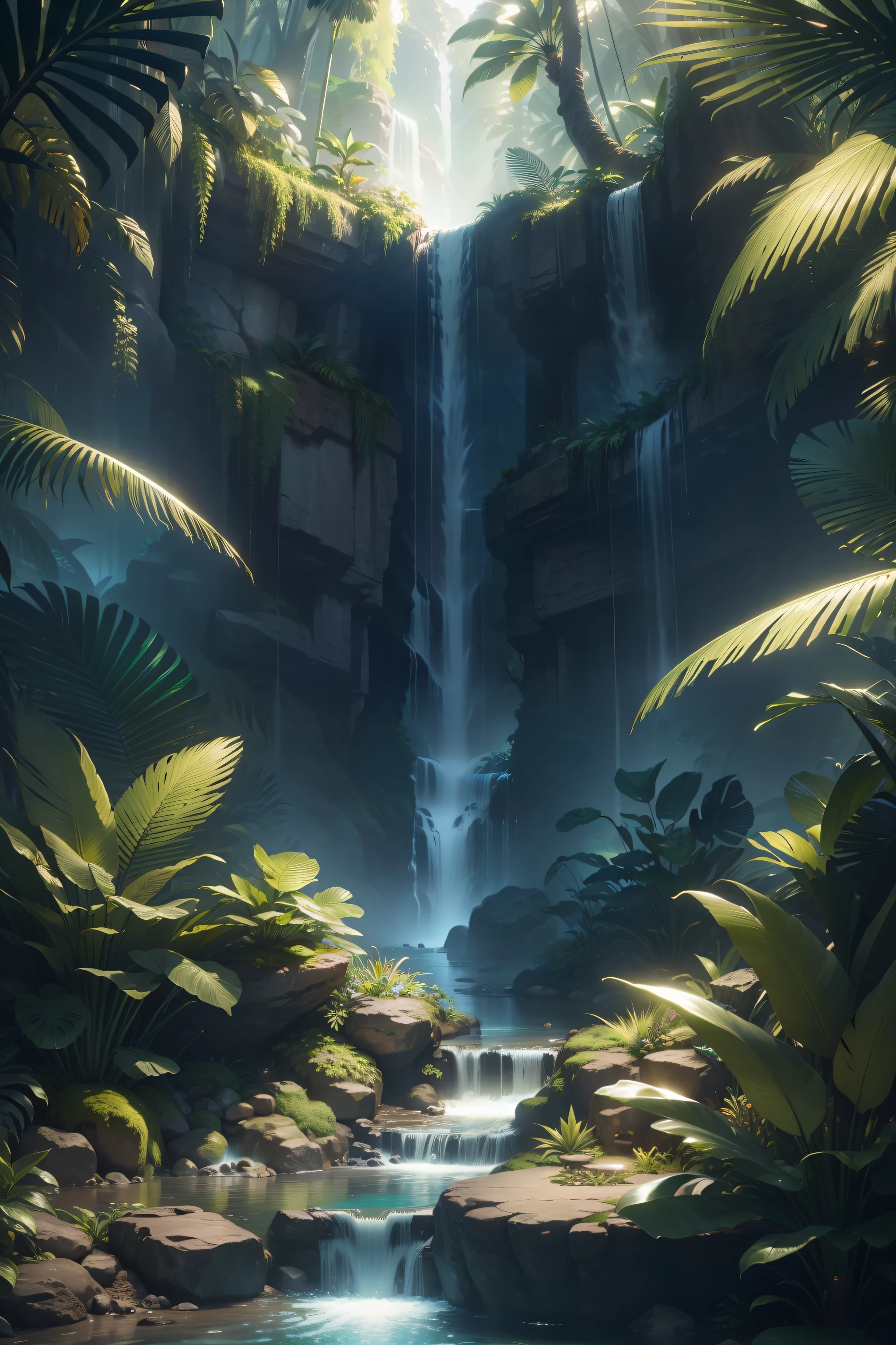 tropical paradise Intricate details, very realistic, cinematic lighting, volumetric lighting,ultra realistic detailed masterpiece wonderful amazing with path of rivers into the jungle that at the end is a beautiful waterfall with luminous reflections, hyper-realistic  insanely detailed and intricate, hyper maximalist,, photography, volumetric, ultra-detailed, intricate details, super detailed, ambient –uplight