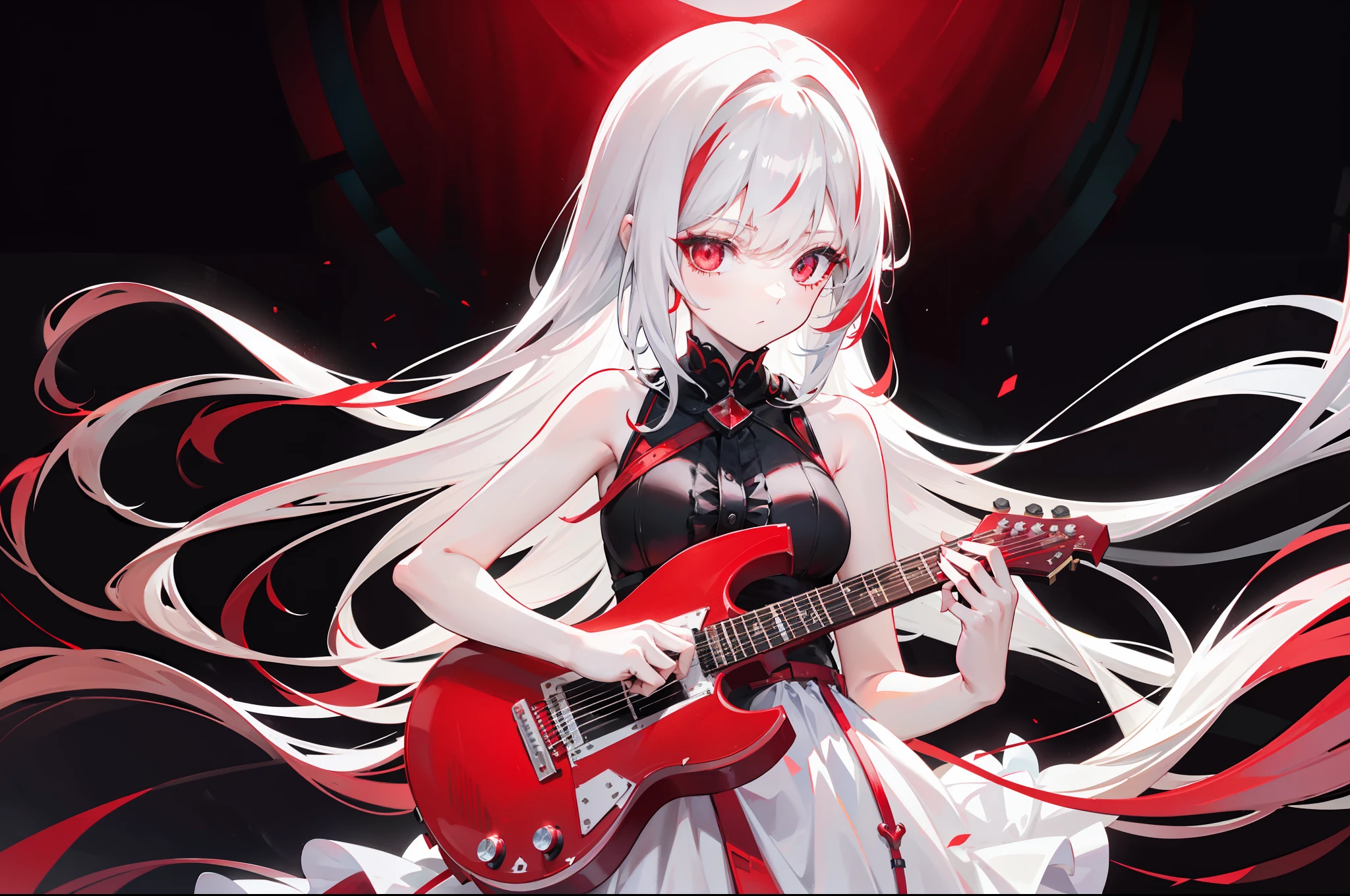 Wearing a red and black dress,long white hair,dual horsetail,a beauty girl,Handheld crimson Gibson LP electric guitar,performing on stage,The spotlight hits the girl,Other places are dimly lit,One pupil is red and one pupil is blue,Heterochromic pupils