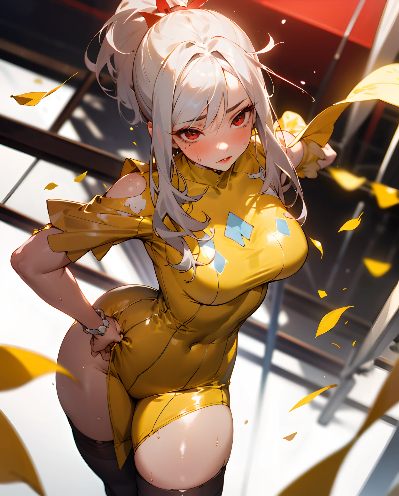 Masterpieces: 1 girl.2 girls, best quality), realism, (real pictures, rich detail details, depth of field), (1 girl called girl, solo), makeup, high detail, perfect face shape, (: 1 girl.4 pcs.), (skin dents), thick thighs, wide hips, thin waist, high, coral, red lips, red eyes, ponytail (girls, shallow tulle, tulle transparent), (sweat: 1 girl.2 girls), (wet), sexy, blush, (shy expression), yellow petal clothes, shirt, stockings,