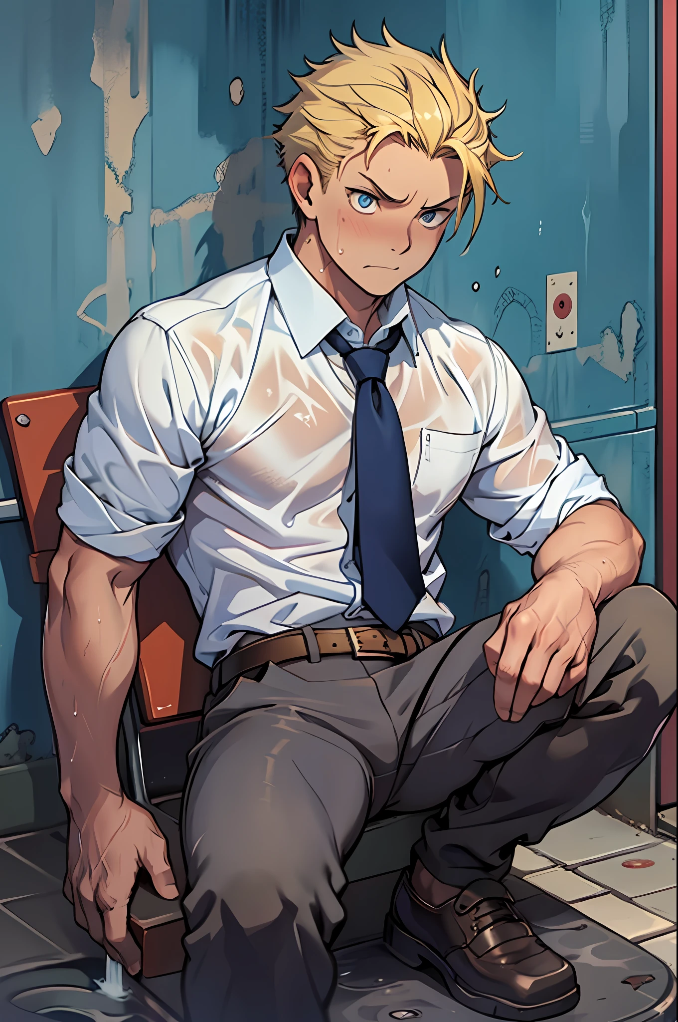 （1 Adult male），A high resolution， Sharp focus， Pixiv masterpiece， （（Complicated details））， highly  detailed， natsuki_subaru， 1 man，perfect male figure，Urine on the trouser leg， Nervously bow your head，is shy，embarressed，exhilarated，is shocked，panicking，worry，A pool of urine formed around him，Very eager to pee，Unbearable，Wet yourself，Urine discharge，full bodyesbian，sit astride，Tired，decadent， blue color eyes（eyes glowing）， Short yellow hair，white  shirt，Wear a tie，Wear a belt，trousers，perspire，Drenched，Get wet，pissing，urine flows down the pants，look from down