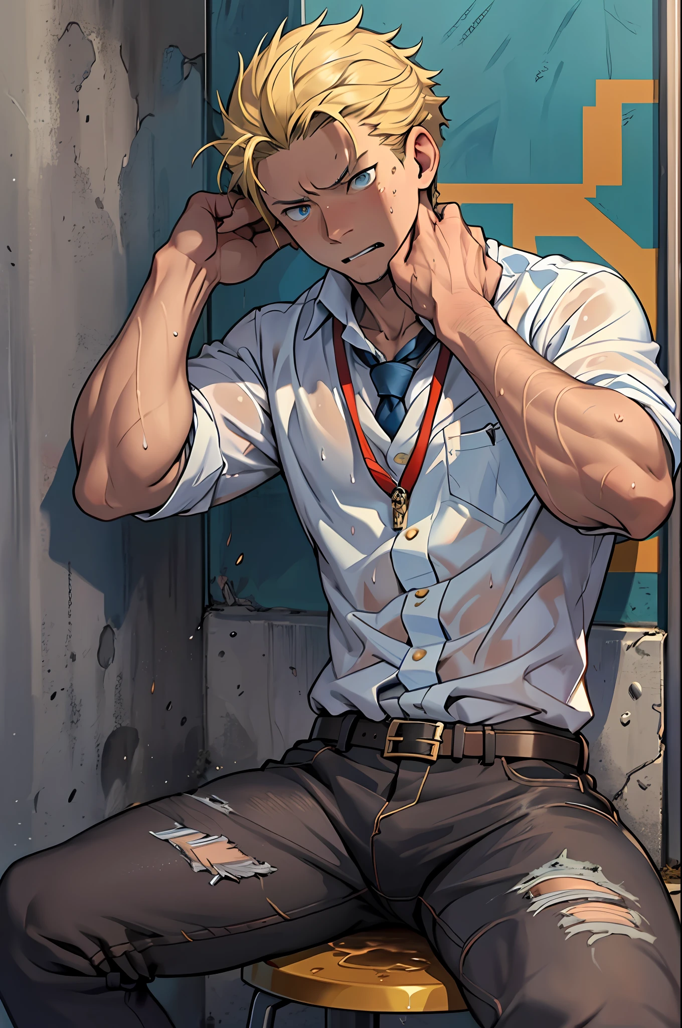 （1 Adult male），A high resolution， Sharp focus， Pixiv masterpiece， （（Complicated details））， highly  detailed， natsuki_subaru， 1 man，perfect male figure，Urine on the trouser leg， Nervously bow your head，is shy，embarressed，exhilarated，is shocked，panicking，worry，A pool of urine formed around him，Very eager to pee，Unbearable，Wet yourself，Urine discharge，full bodyesbian，sit astride，Tired，decadent， blue color eyes（eyes glowing）， Short yellow hair，white  shirt，Wear a tie，Wear a belt，trousers，perspire，Drenched，Get wet，pissing，urine flows down the pants，look from down