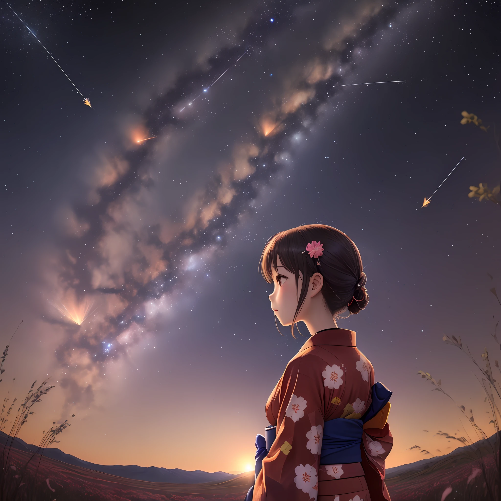 One, distant girl in kimono staring at the stars (reduced: 1.1), (meteor shower: 1.2), (comet: 1.1), your name, low angle, from behind, arrow labrealis shooting star, yukata, red kimono, cherry blossoms, highest quality standing in the field, masterpiece, clouds, colorful, starry sky, stars,