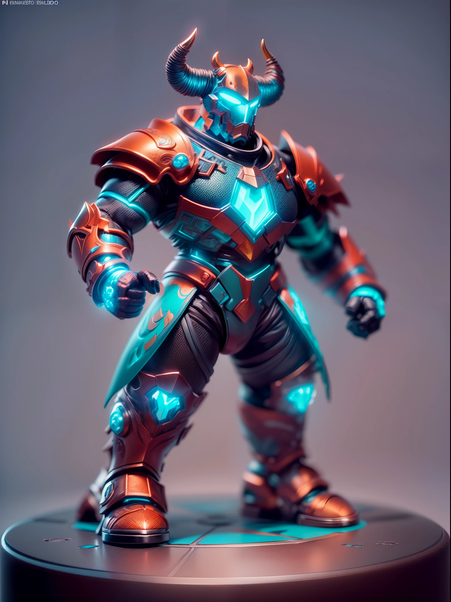 (Blind box toy style:1.3),((Full body shot))(anthropomorphism) , (1 strong bull metal warrior)(((solo))) metal armor,dreamy glow, Clean dark background,Red cyan style，(circular base）( Global illumination, Ray tracing, hdr, unreal render,reasonable design, high detail, Masterpiece, Best quality, hyper HD, Cinematic lighting)