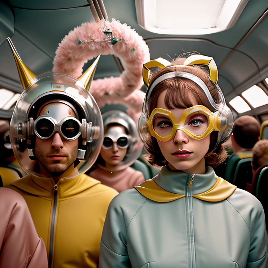 4k portrait of 1960s science fiction by Wes Anderson, Vogue anos 1960, pastels colors, Man with a fish mask wearing weird retro futuristic outfits and a woman wearing glass helmet and techno ornaments on the bus, Luz Natural, Psicodelia, futurista estranho, fotorrealista, hiper detalhado, foco nítido, Intrinsic, mid closeup, rosto e olhos perfeitos, grain of film, cinemactic, Bokeh lento | | | | | |, Epic composition, natural  lightting, fotografia, Hiper realista, double-exposure,  desfocado, desfoque de movimento, Absurdo, alto, alta qualidade, melhor qualidade, obra-prima, intrincado,