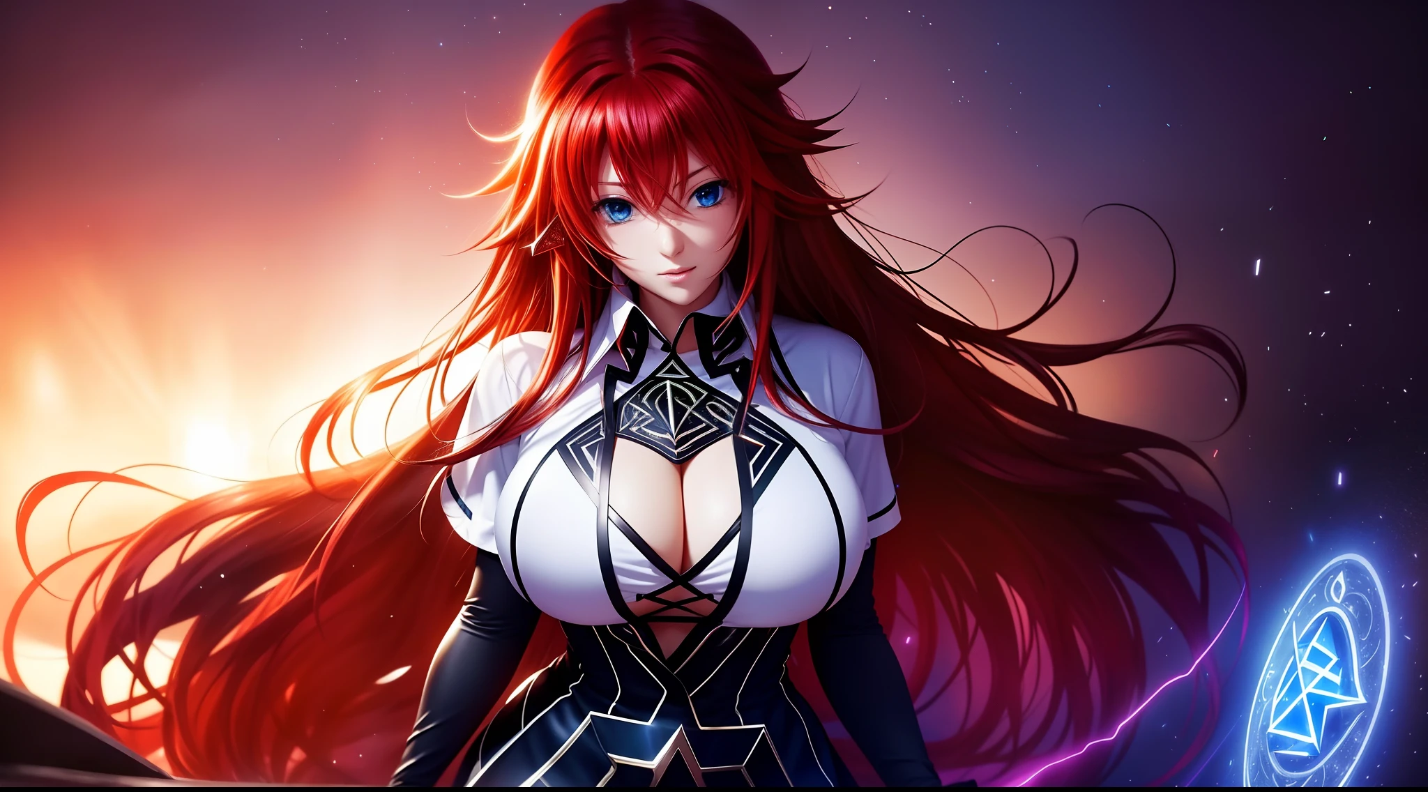 focused upper body, 1 girl, rias gremory, white shirt, black skirt, big breast bust, sparkling eyes, (((magic rune background))), Colorful beautiful girl: red hair, nice perfect face with soft skinice perfect face, intricate detail, splash screen, 8k resolution, masterpiece, artstation digital painting smooth, 8k resolution photorealistic masterpiece, professional photography, natural lighting, volumetric lighting maximalist photoillustration: by marton bobzert